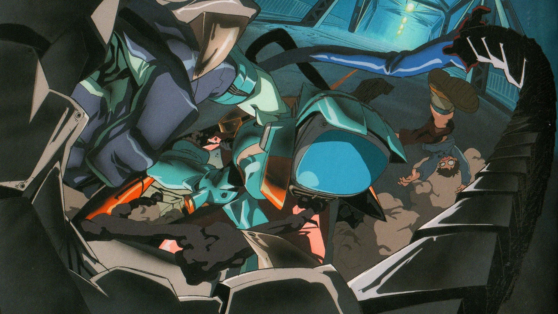 FLCL Canti, teal armored figure, shattered debris, Full HD Desktop Wallpaper