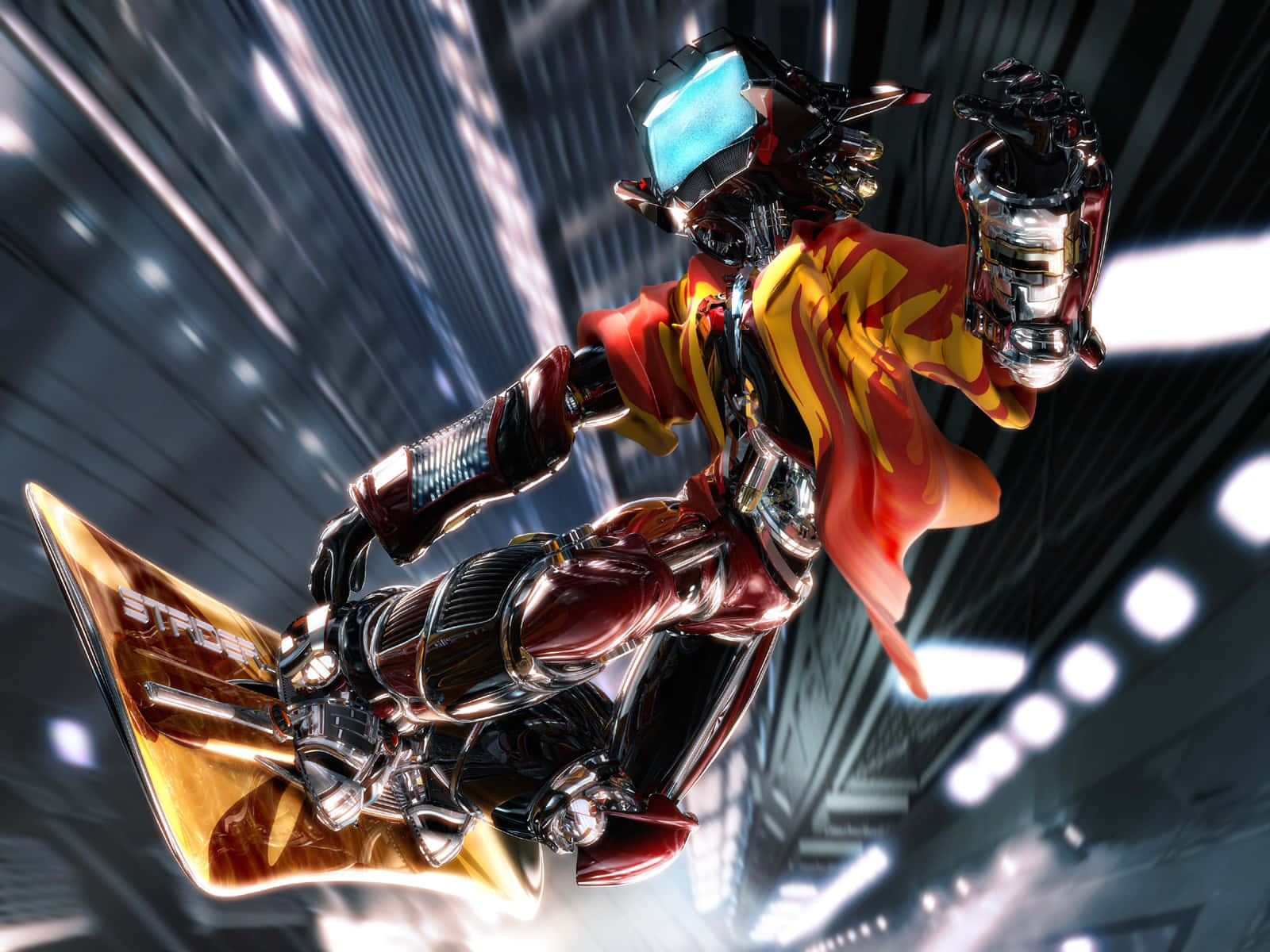 FLCL Canti, red and gold armor, neon-lit urban canyon, HD Desktop Wallpaper