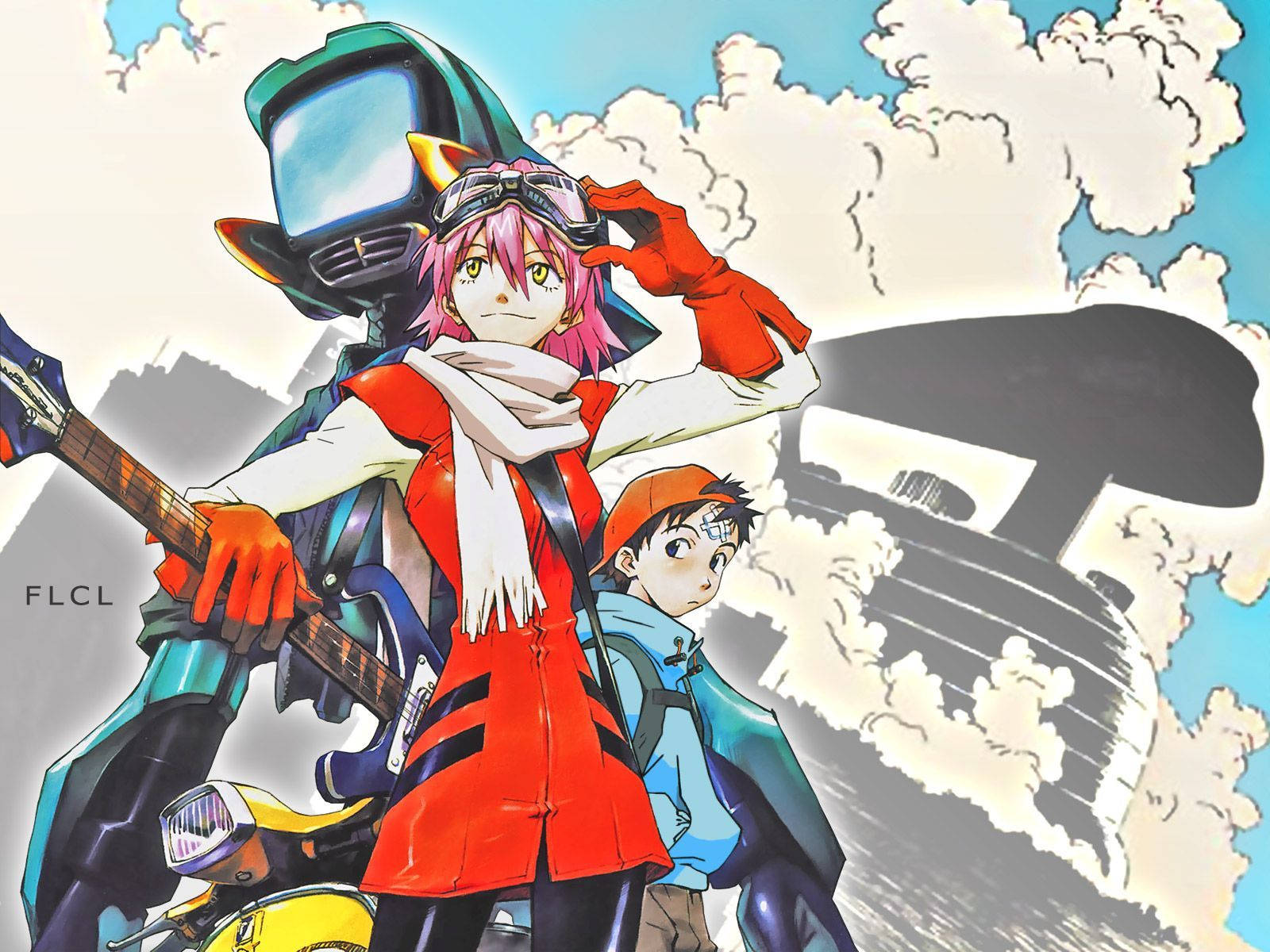 FLCL, pink-haired anime girl, red coat, HD Desktop Wallpaper