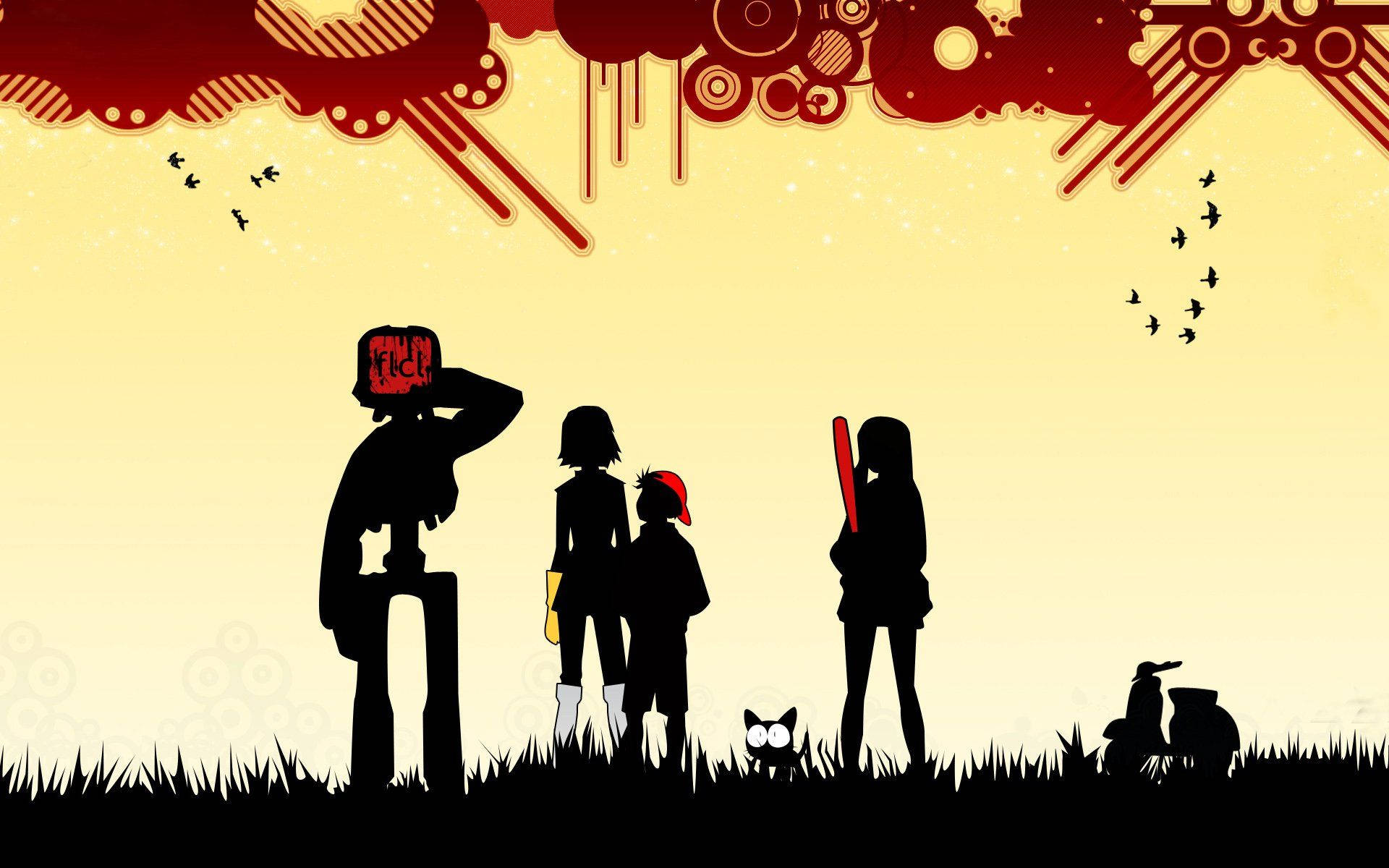 FLCL, silhouette heroes, red and yellow sky, Full HD Desktop Wallpaper