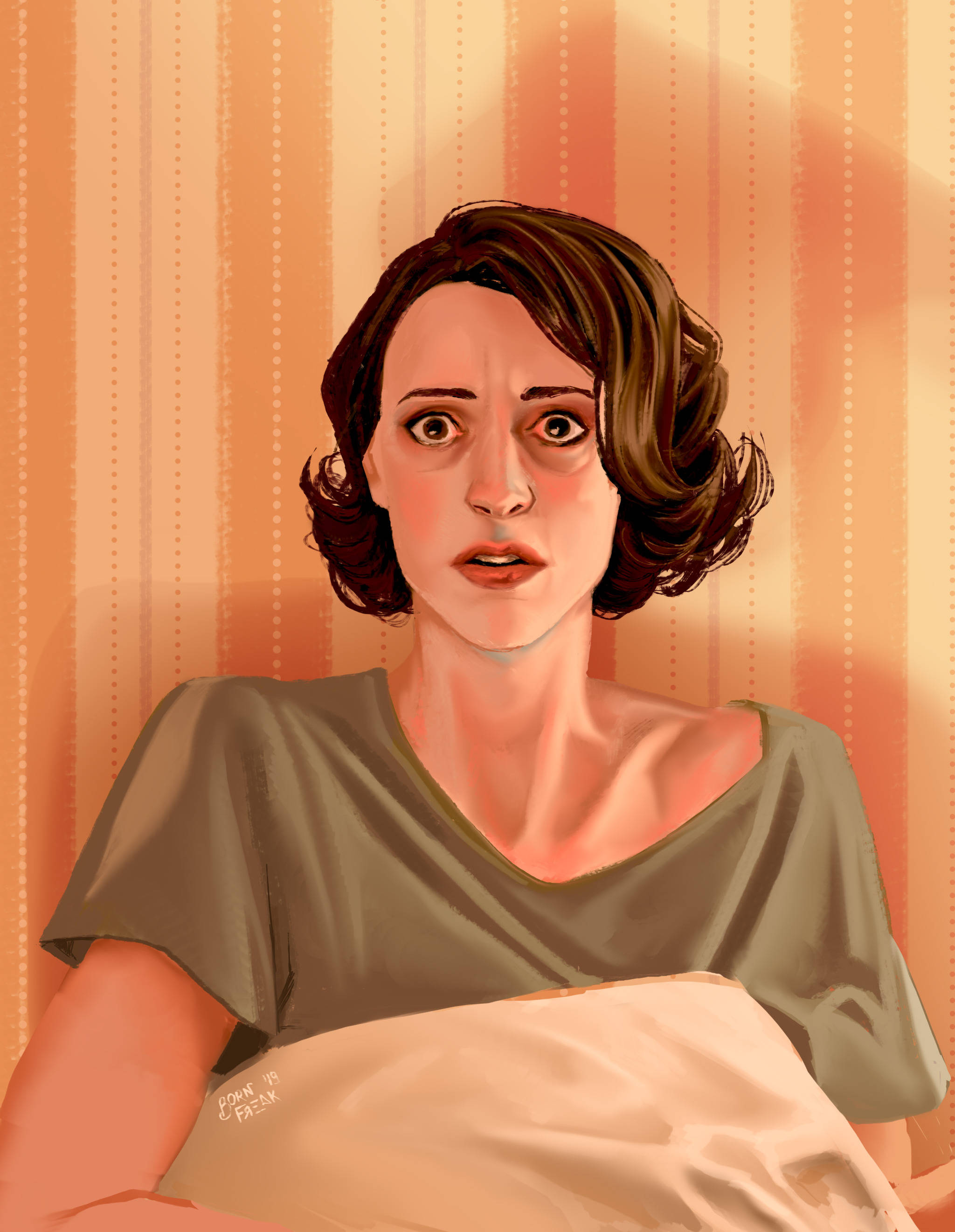 Fleabag, short brown hair, bed, 2K Phone Wallpaper
