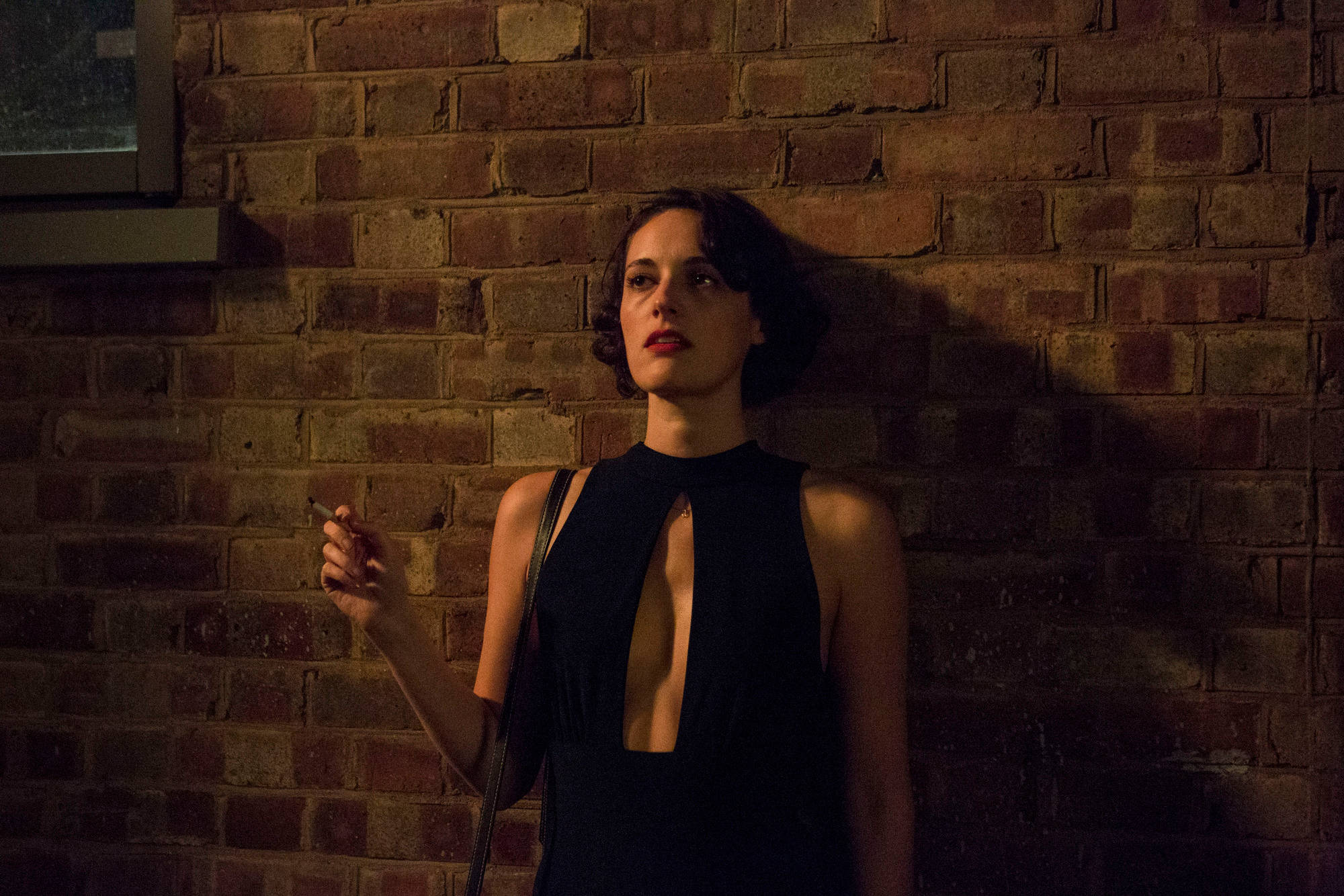 Fleabag, black dress, brick wall, Full HD Desktop Wallpaper