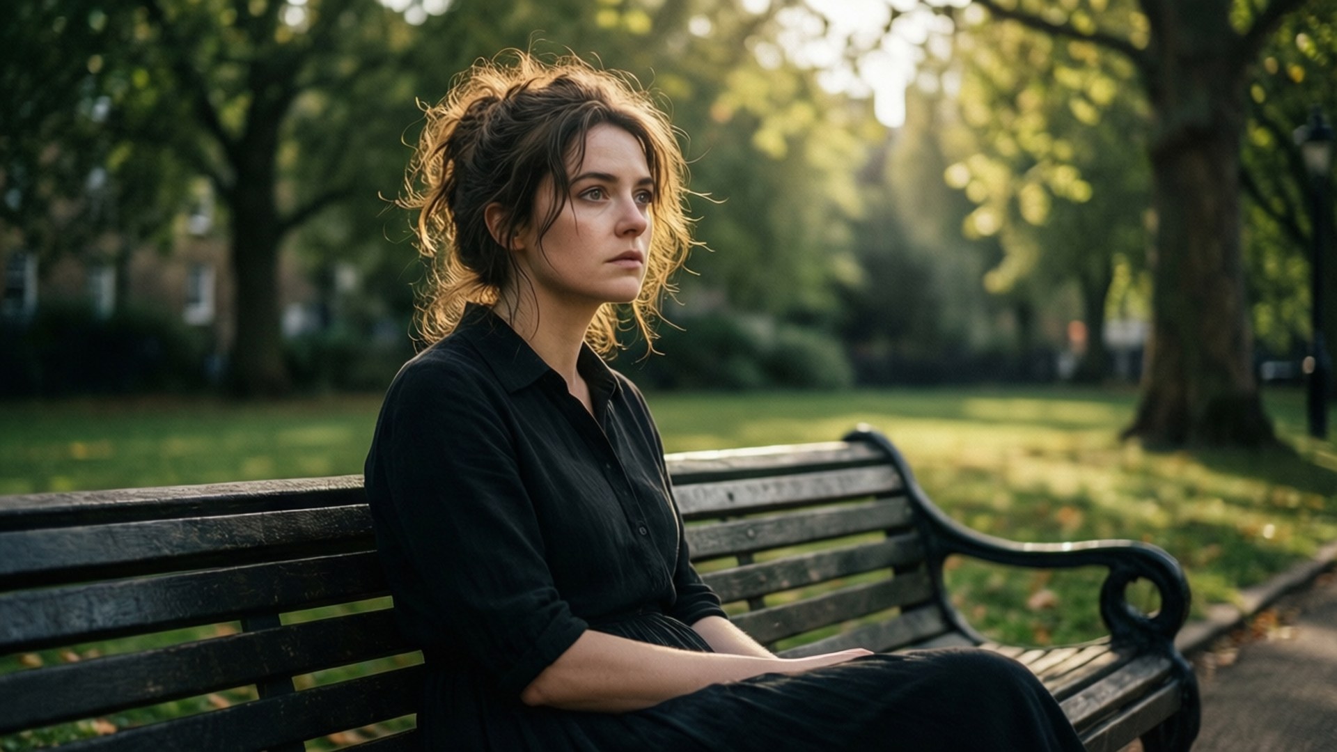 Fleabag, black dress, wooden park bench, Full HD Desktop Wallpaper