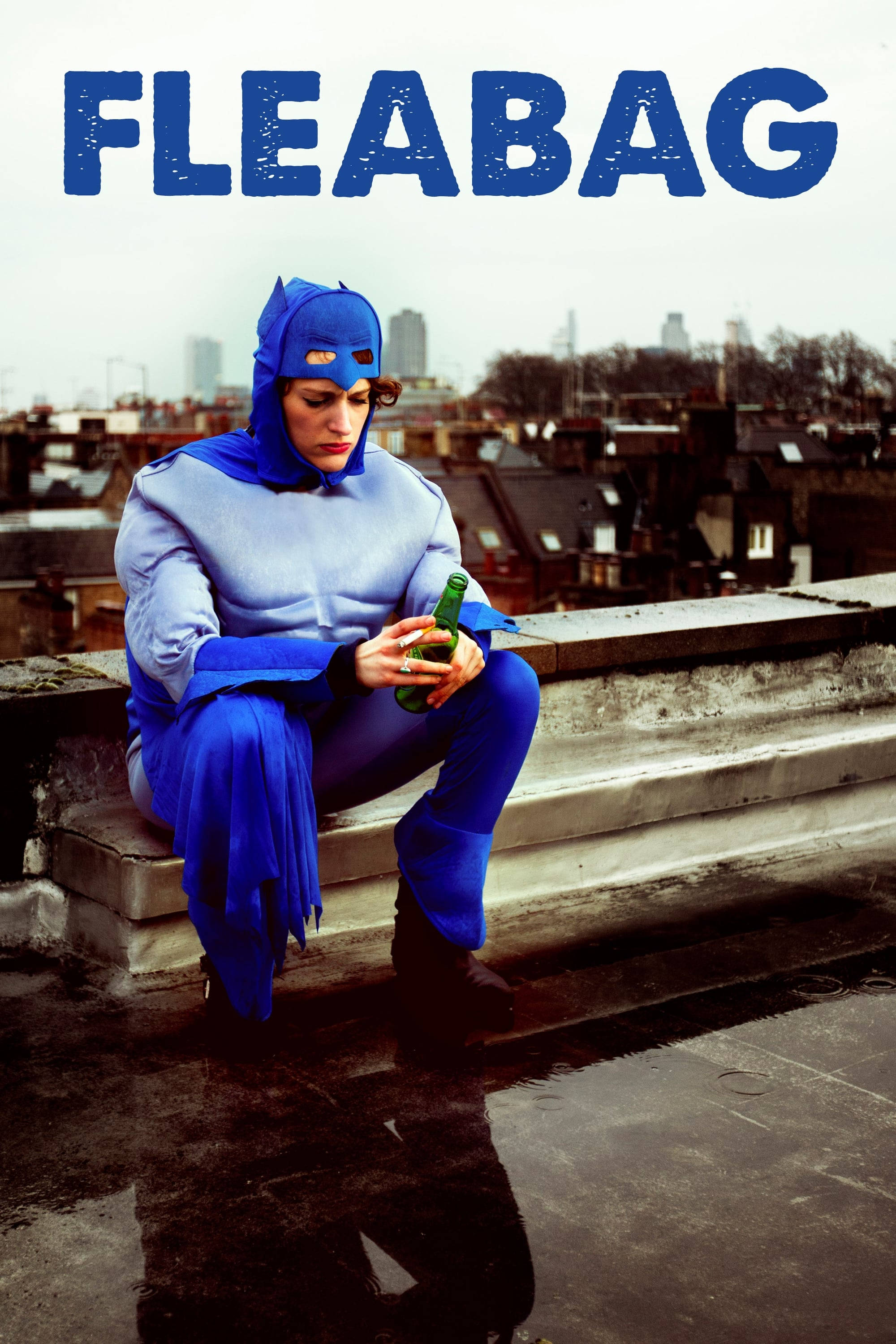 Fleabag, blue costume, wet rooftop, 2K Phone Wallpaper