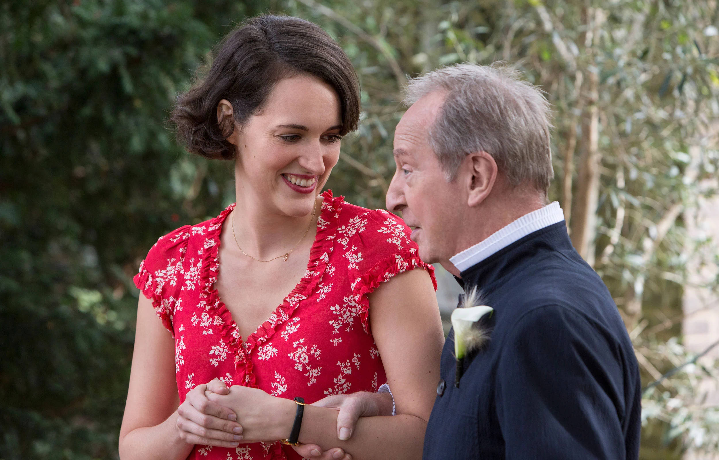 Fleabag, her dad, red floral dress, Full HD Desktop Wallpaper