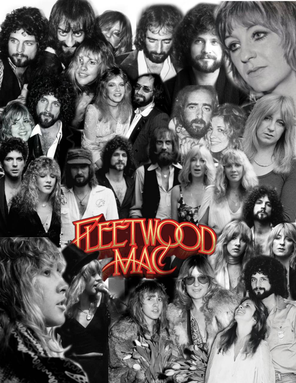 Fleetwood Mac, black and white collage, bold red logo, HD Phone Wallpaper