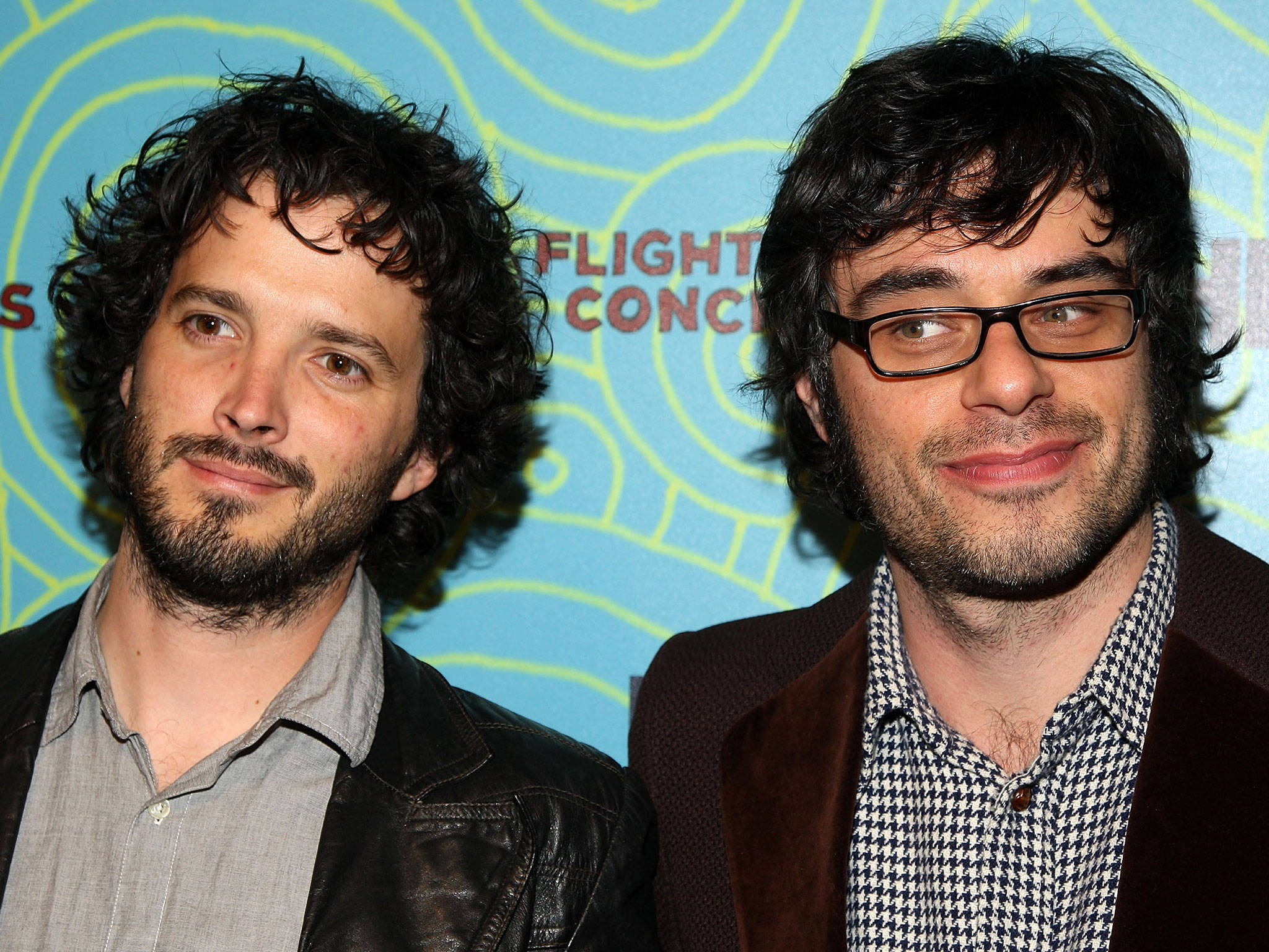 Flight Of The Conchords, blue background, yellow swirls, Full HD Desktop Wallpaper