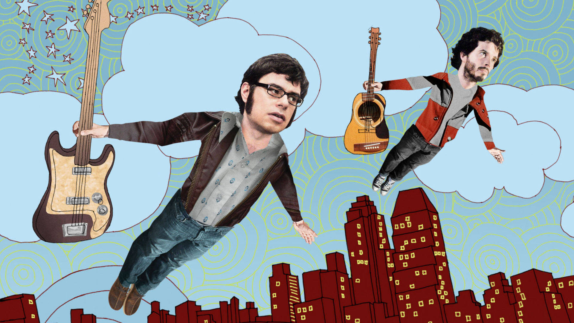 Flight Of The Conchords, guitars, red cityscape, Full HD Desktop Wallpaper
