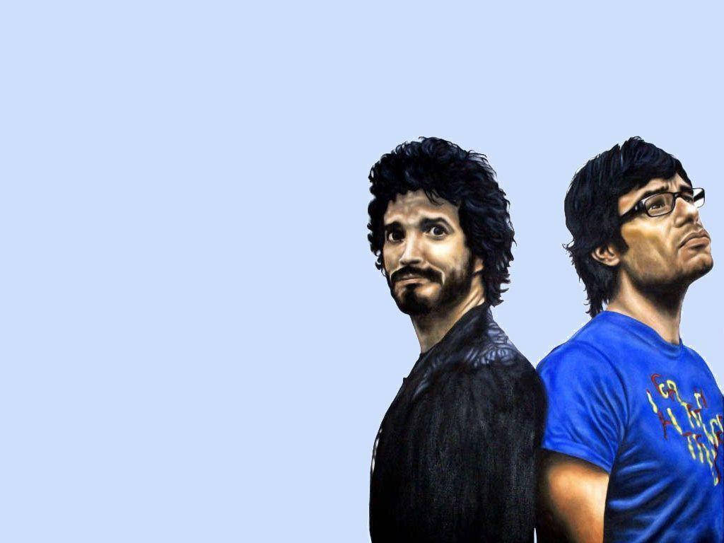 Flight Of The Conchords, light blue background, illustrated men, SD Desktop Wallpaper