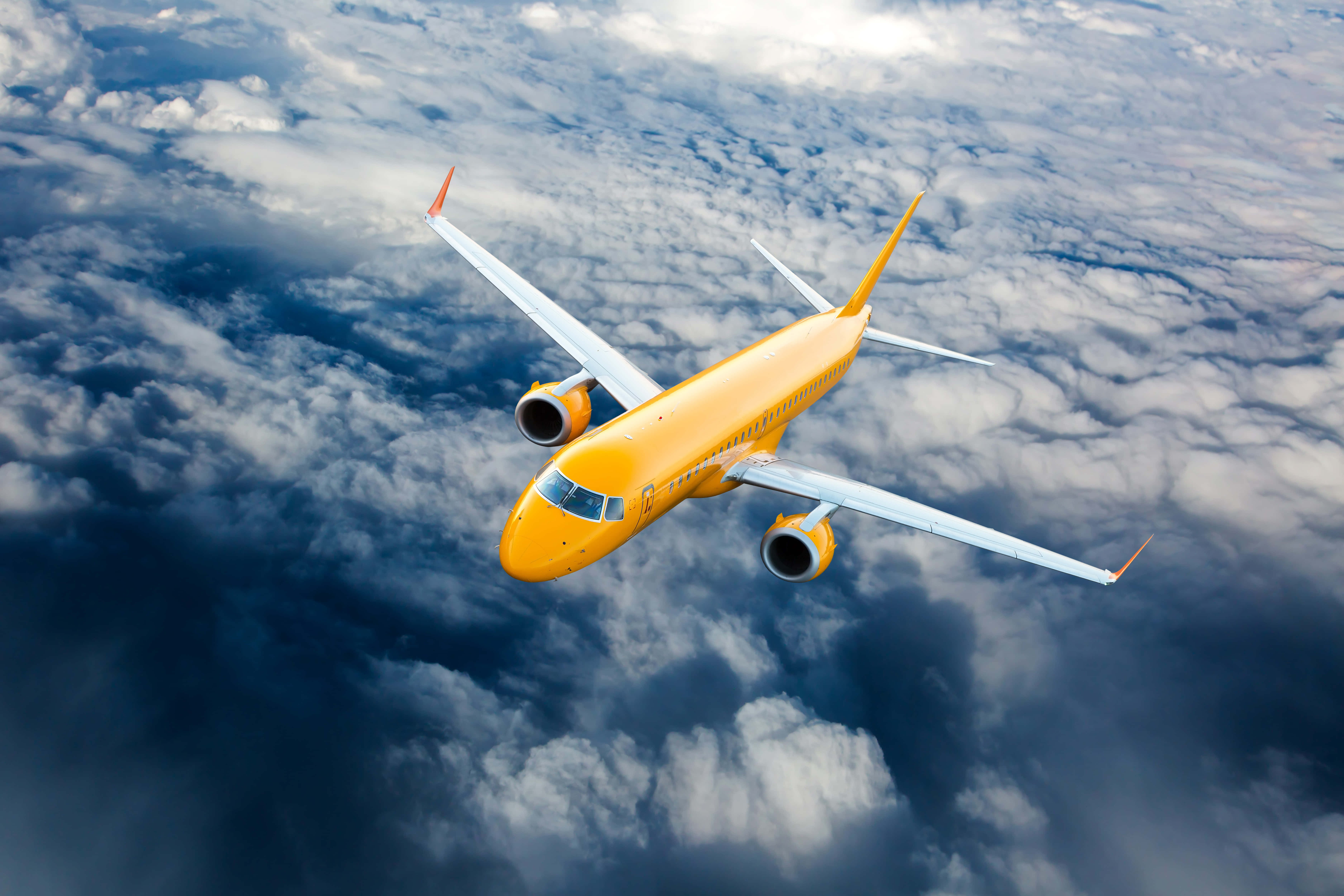 yellow plane, passenger jet, fluffy white clouds, 5K Desktop Wallpaper