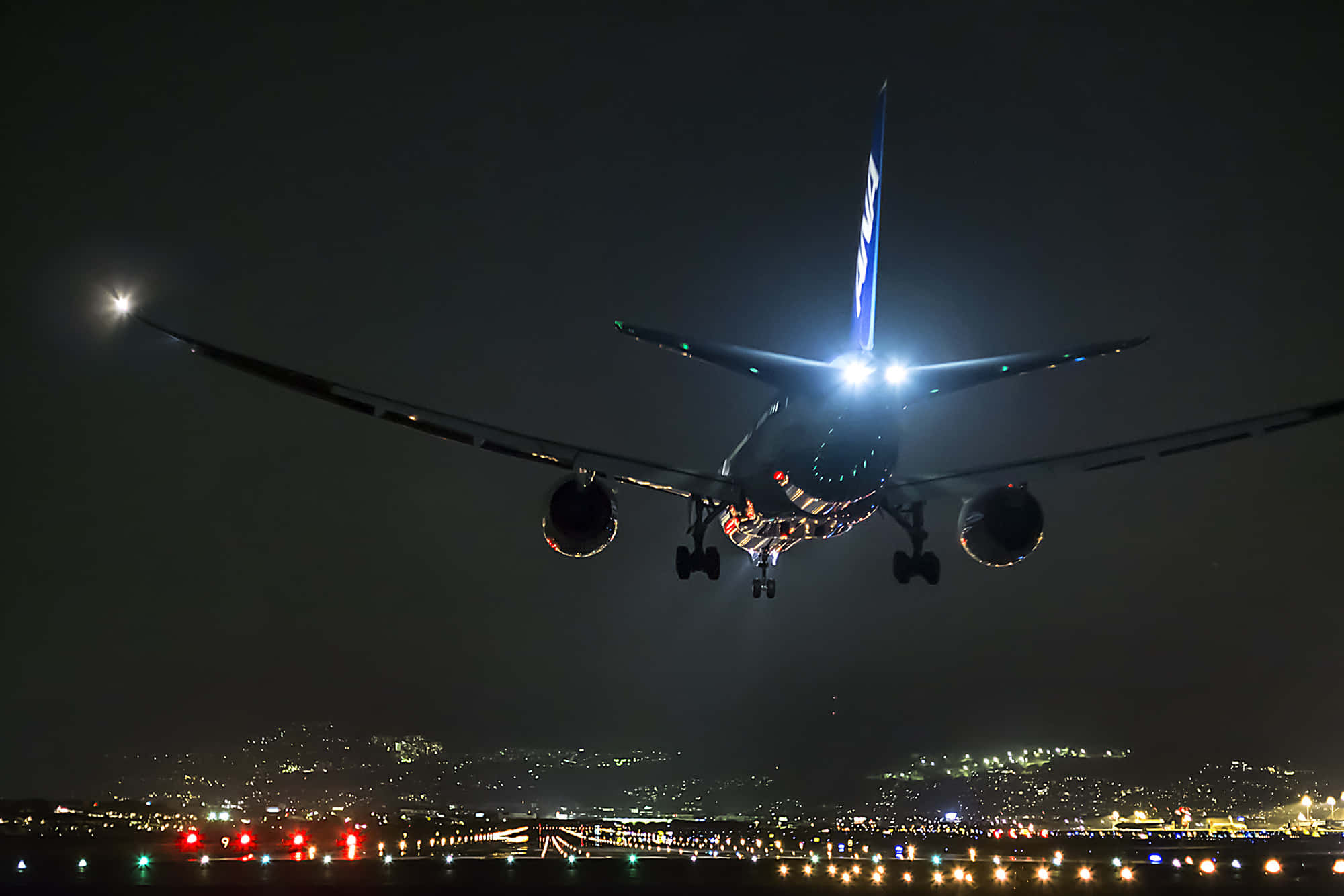 commercial airplane, night, landing lights, Full HD Desktop Wallpaper