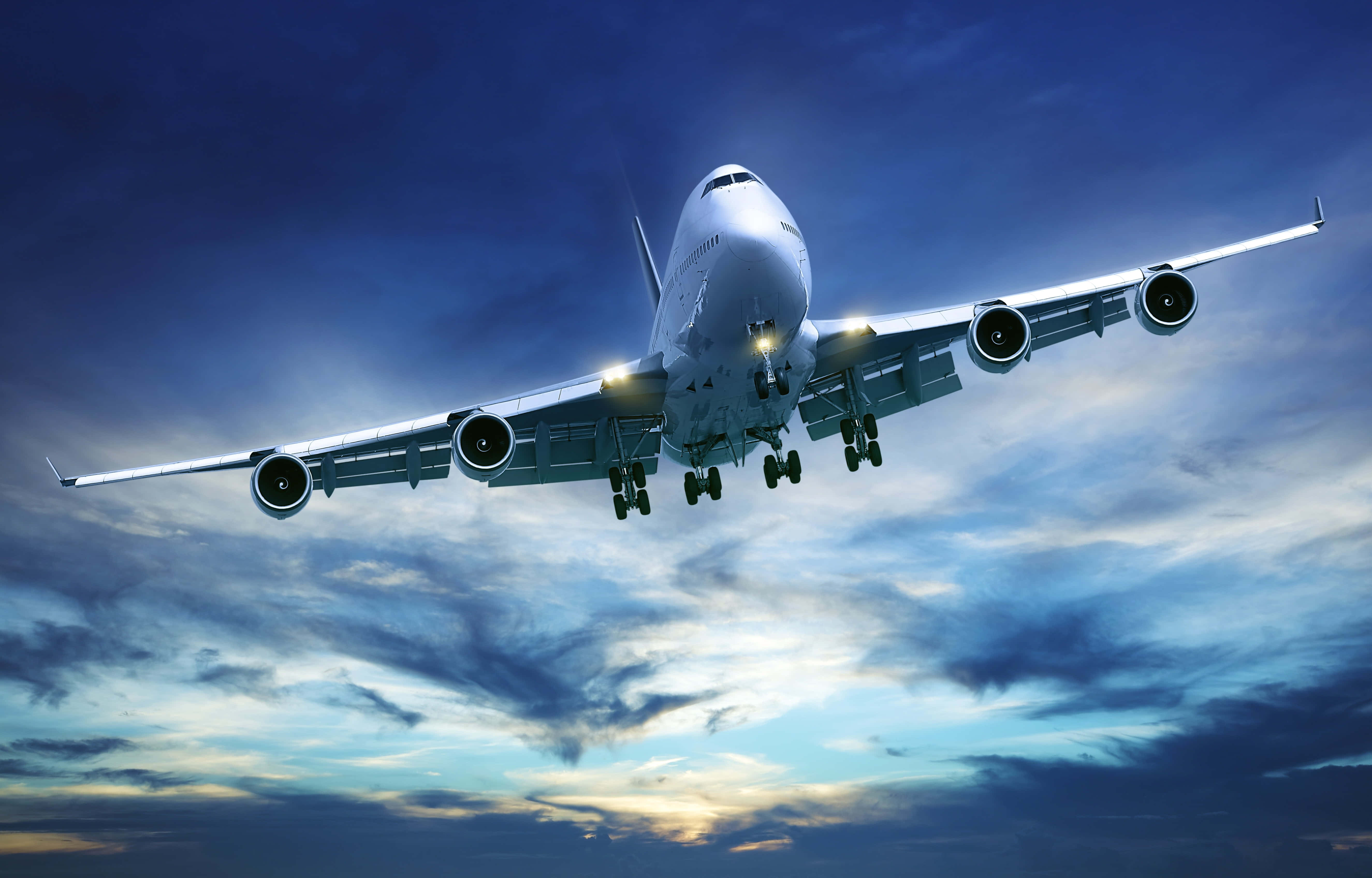 jumbo jet, landing lights, twilight sky, 5K Desktop Wallpaper