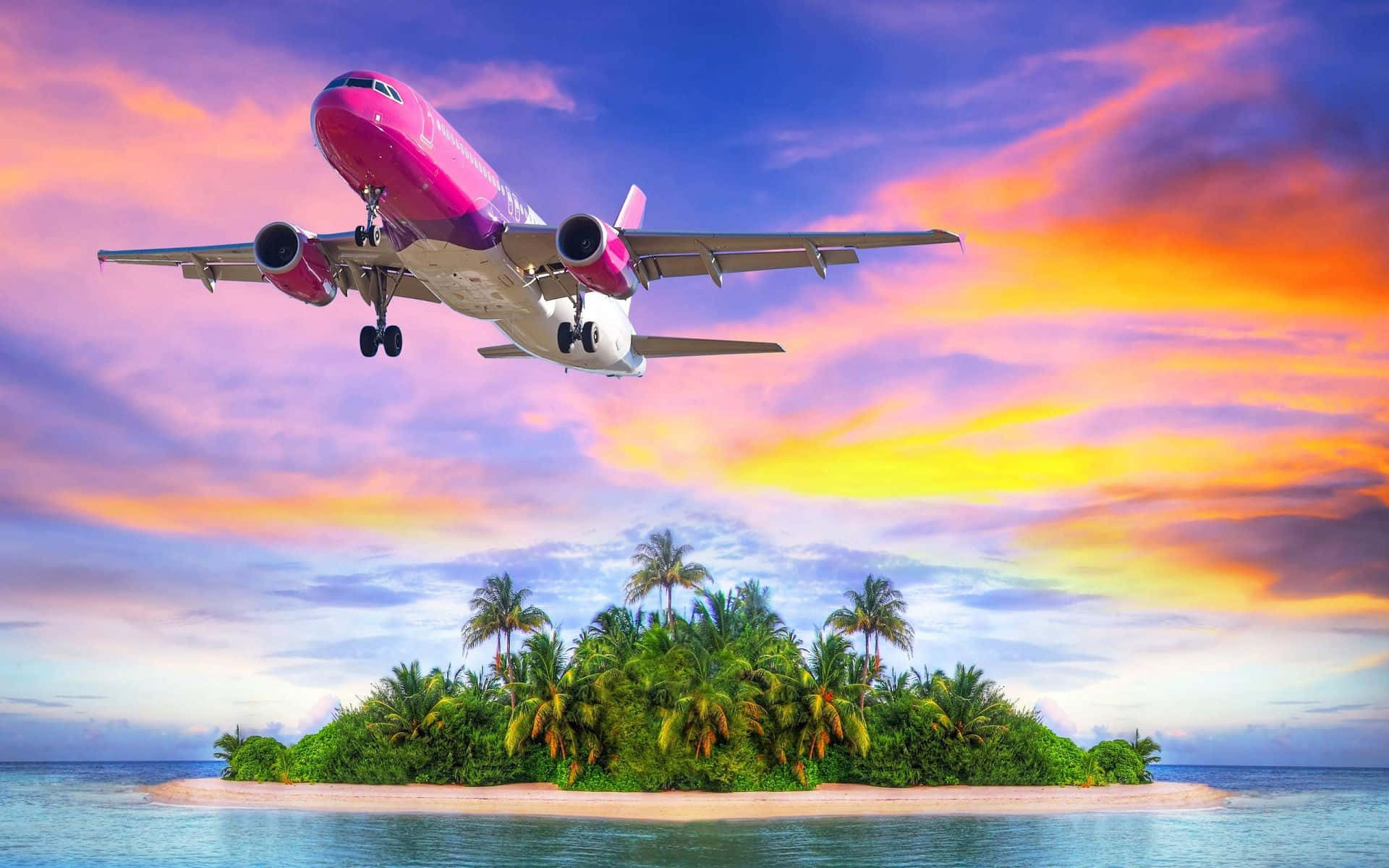 pink airplane, tropical island, palm trees, Full HD Desktop Wallpaper