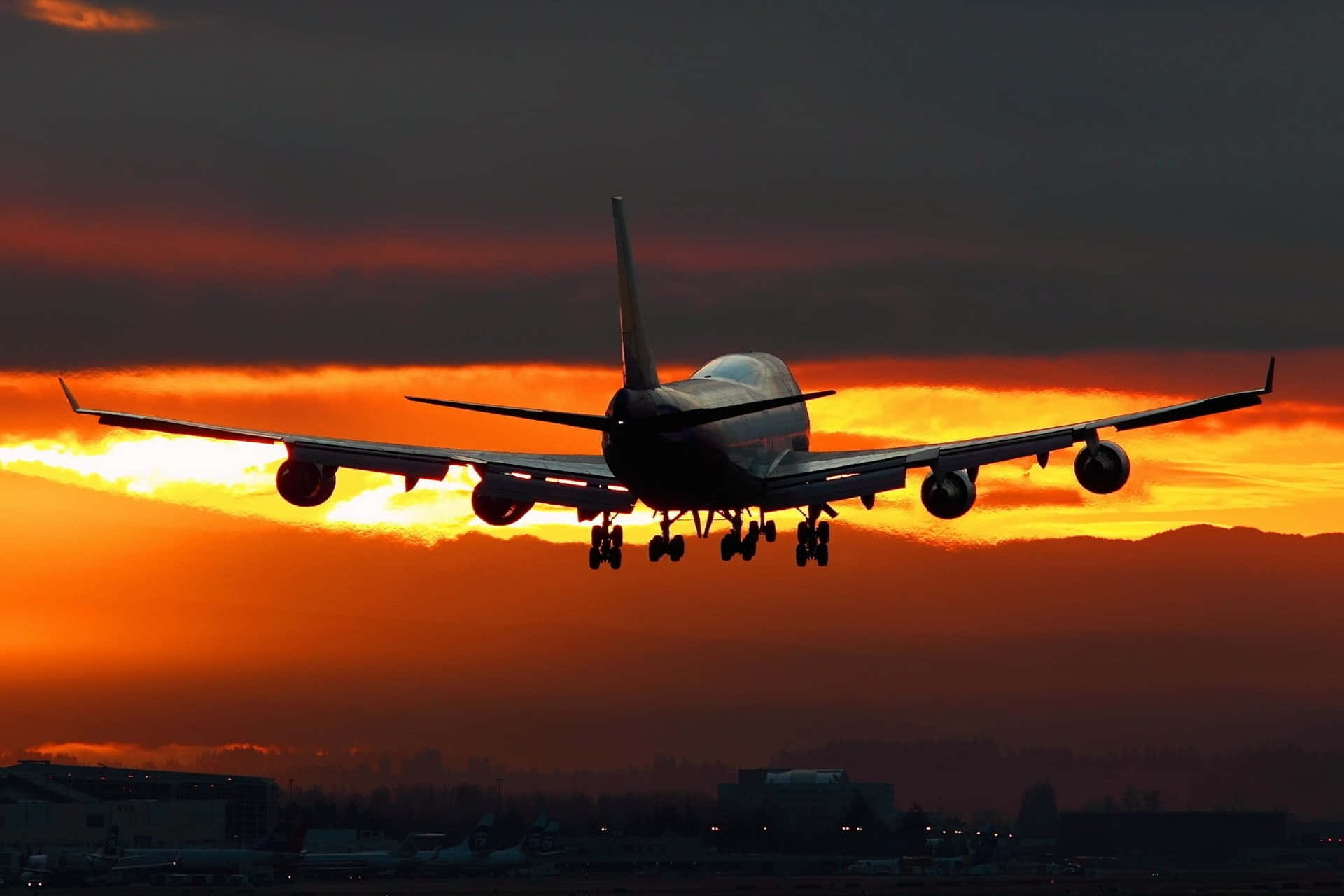 airplane, fiery orange sunset, descends for landing, Full HD Desktop Wallpaper