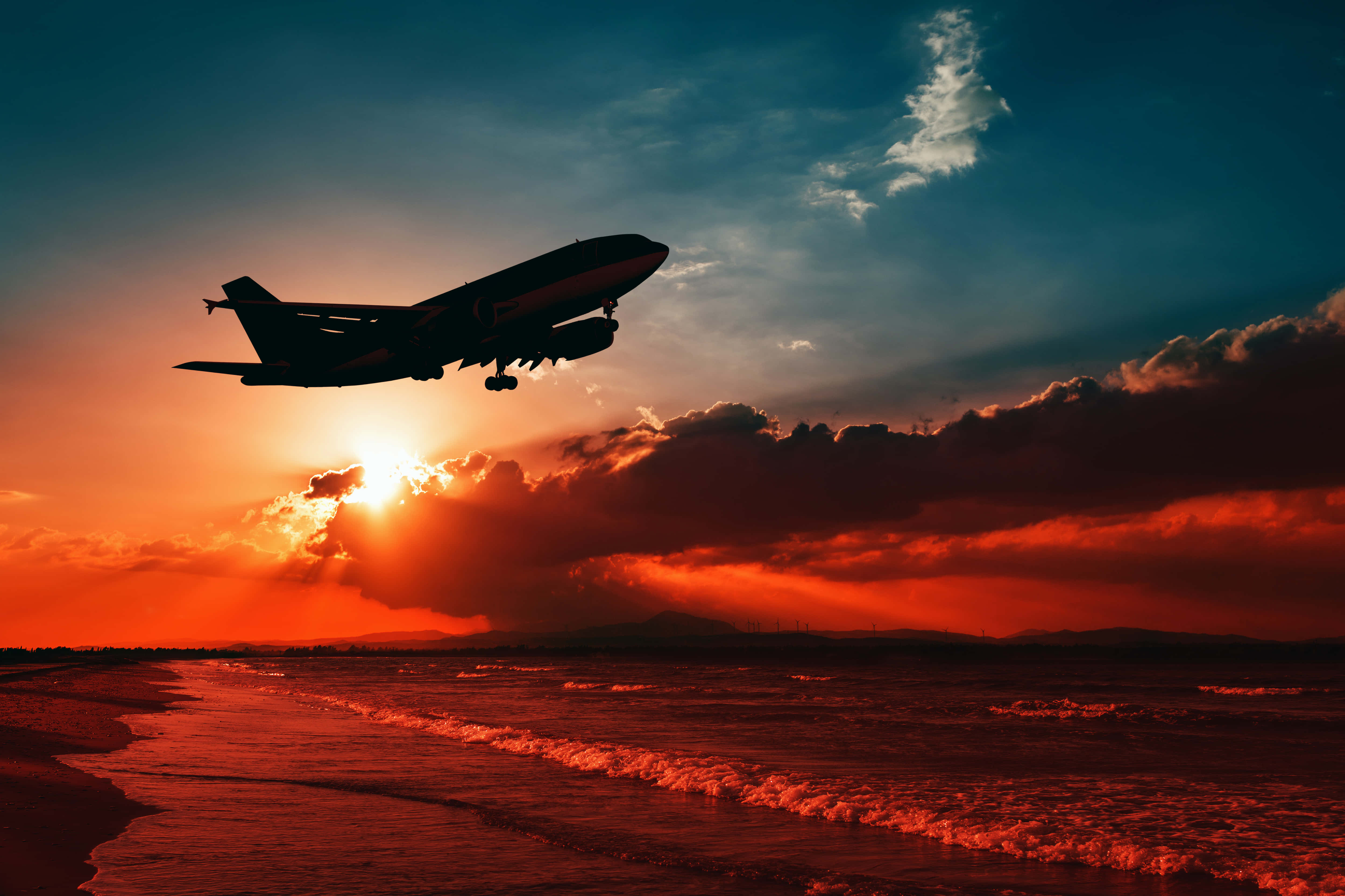 Flight, jet airplane, fiery sunset, 4K Desktop Wallpaper