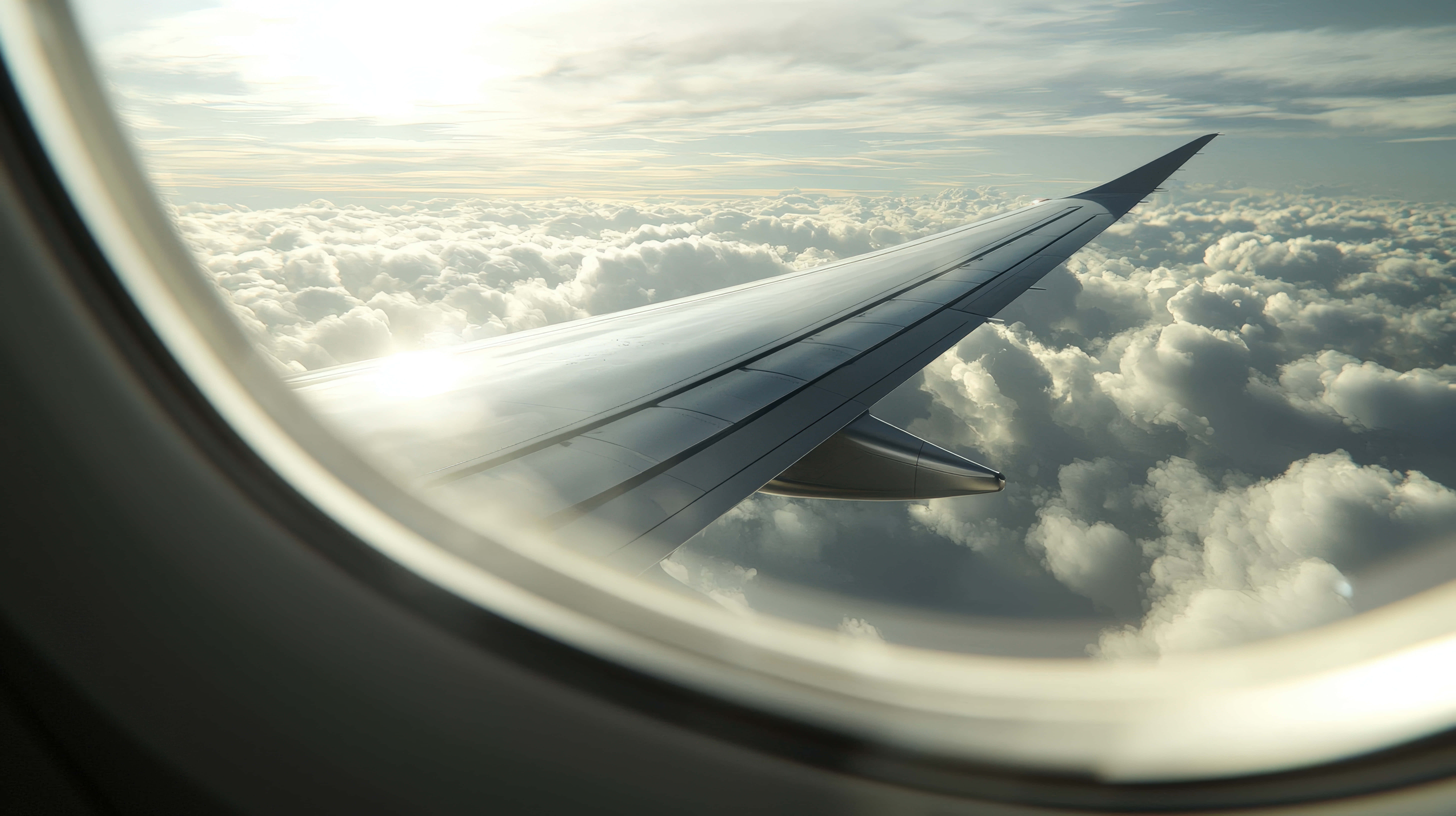 airplane wing, clouds, circular airplane window, 8K Desktop Wallpaper