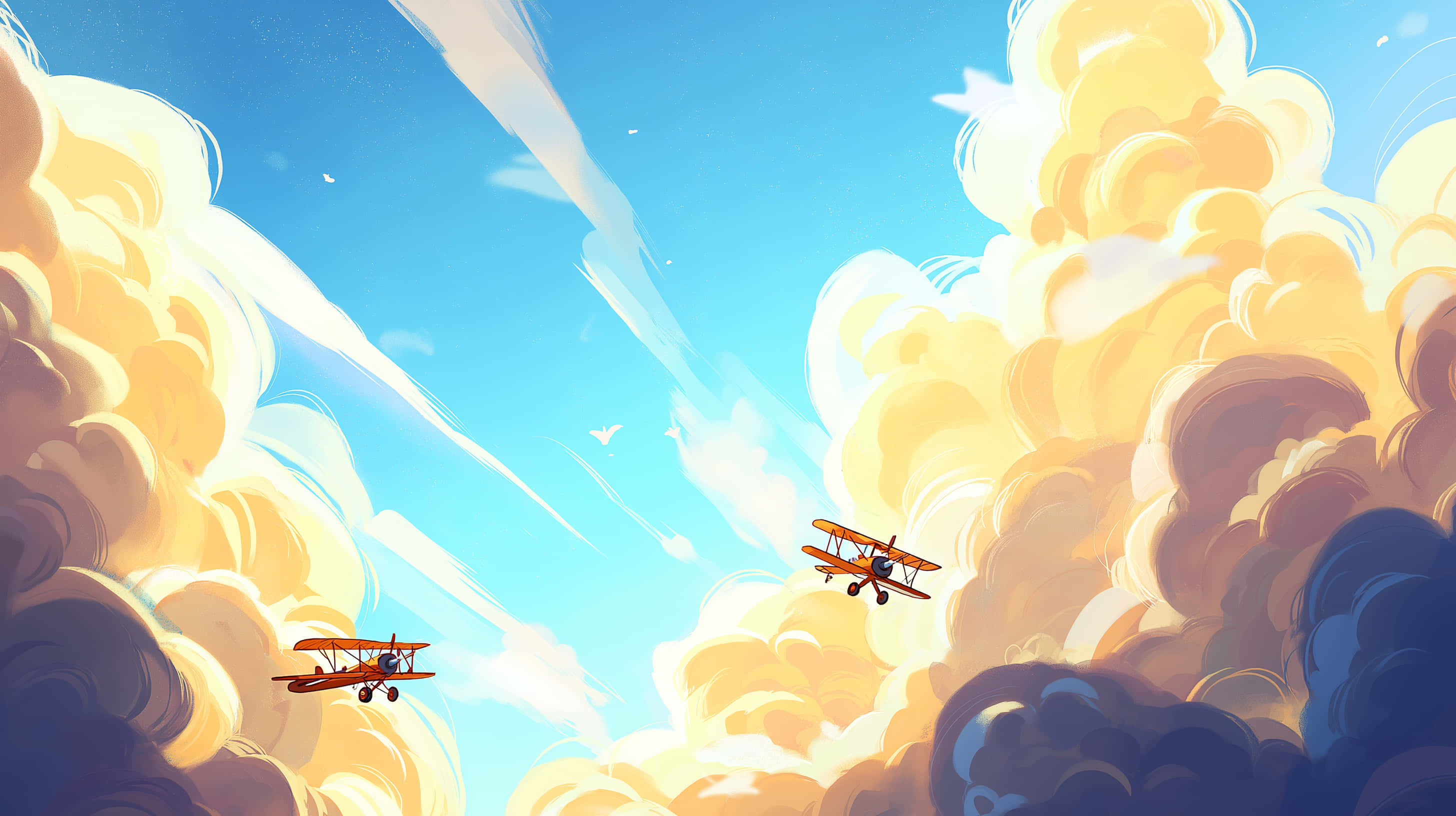 cartoon biplanes, fluffy evening clouds, vintage orange biplanes, 2K Desktop Wallpaper