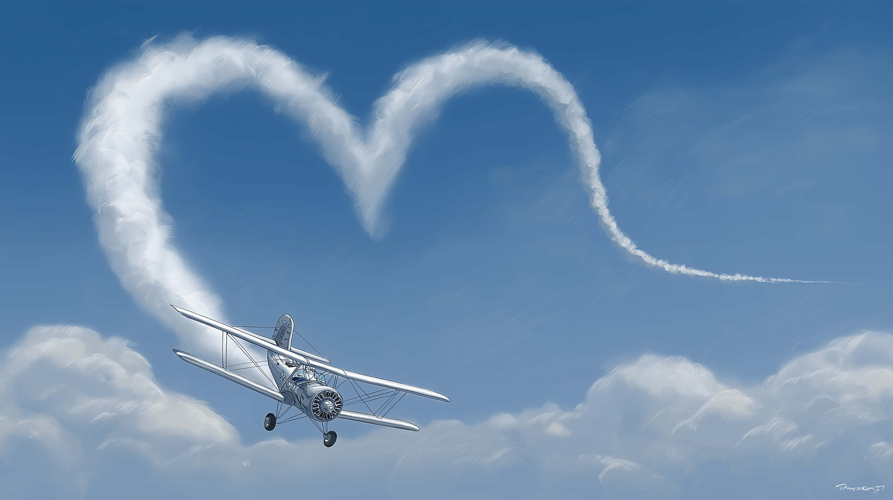 silver biplane, clear blue sky, white smoke trail, 2K Desktop Wallpaper