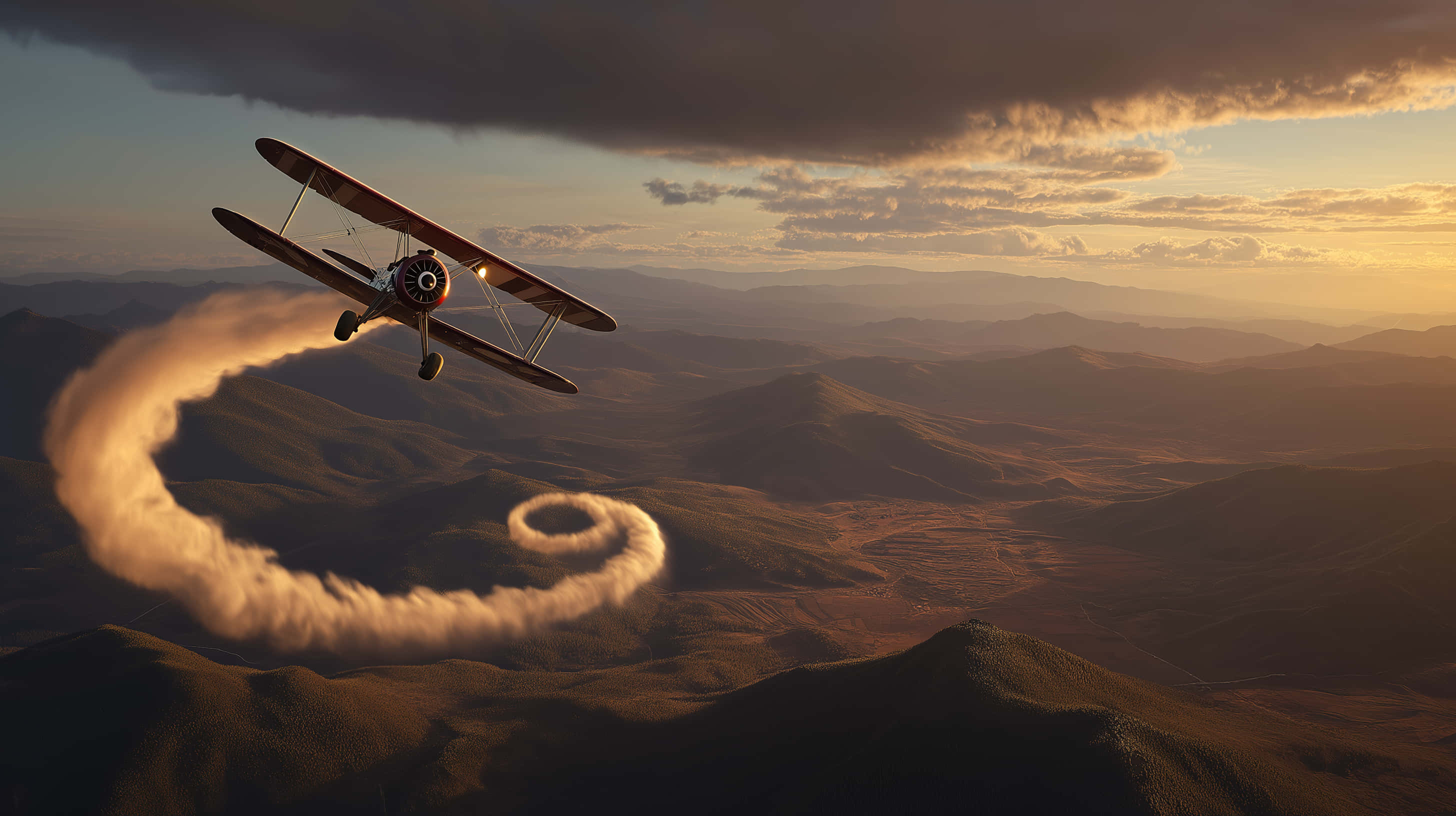 vintage biplane, looping, mountains, 2K Desktop Wallpaper