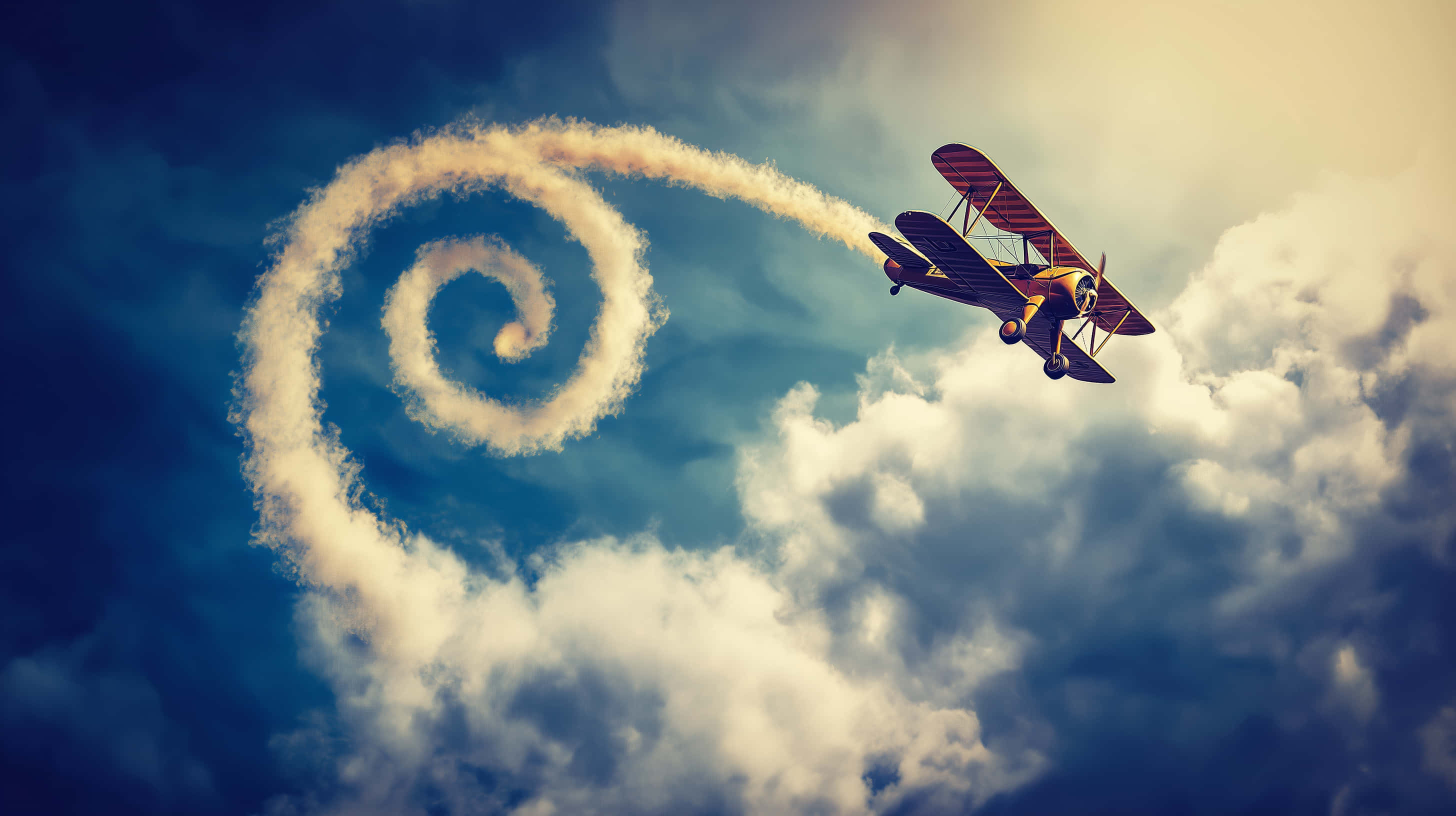 vintage biplane, smoke trail, cloudy sky, 2K Desktop Wallpaper