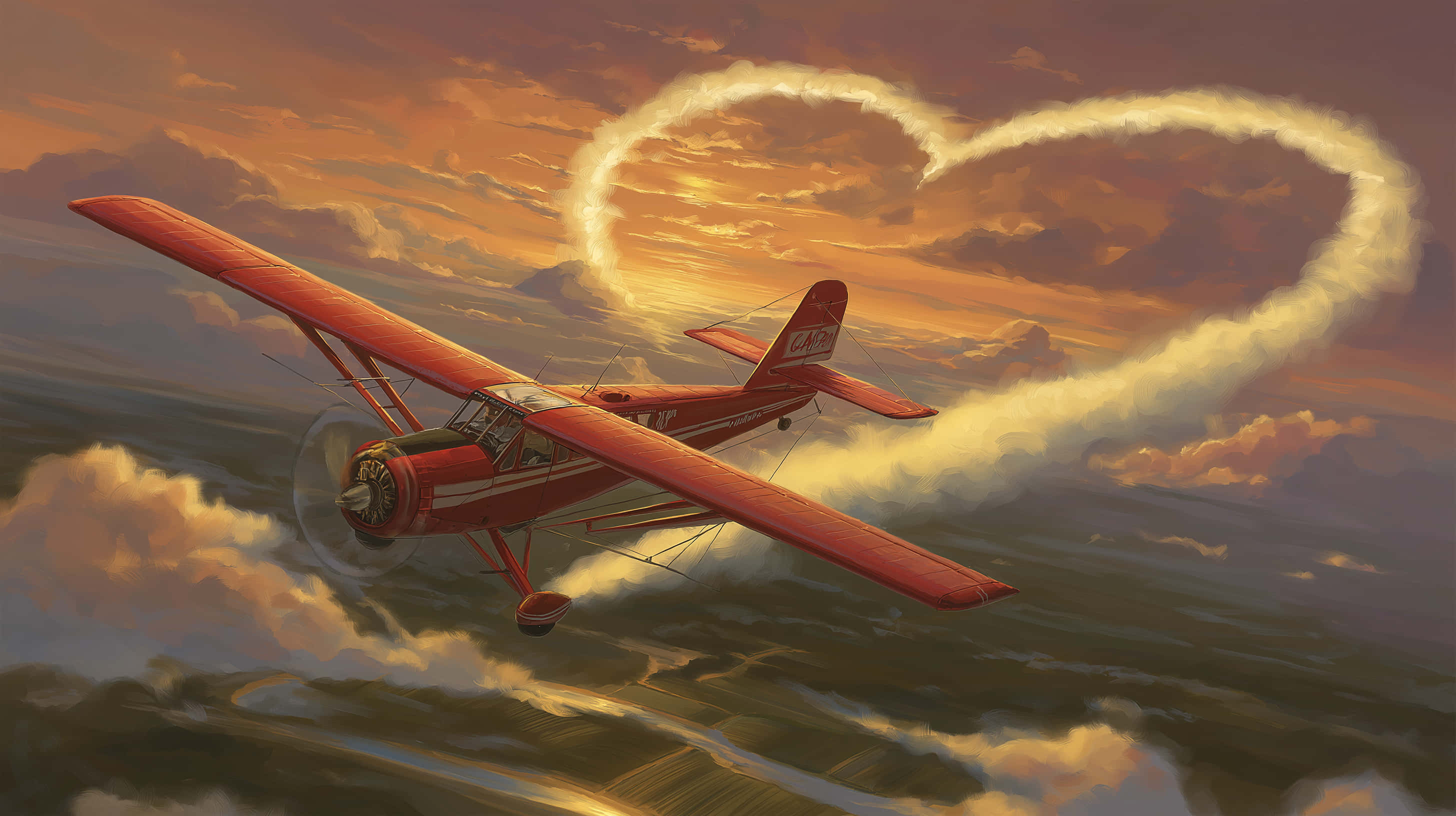 red biplane, golden sunset sky, heart shaped smoke trail, 2K Desktop Wallpaper