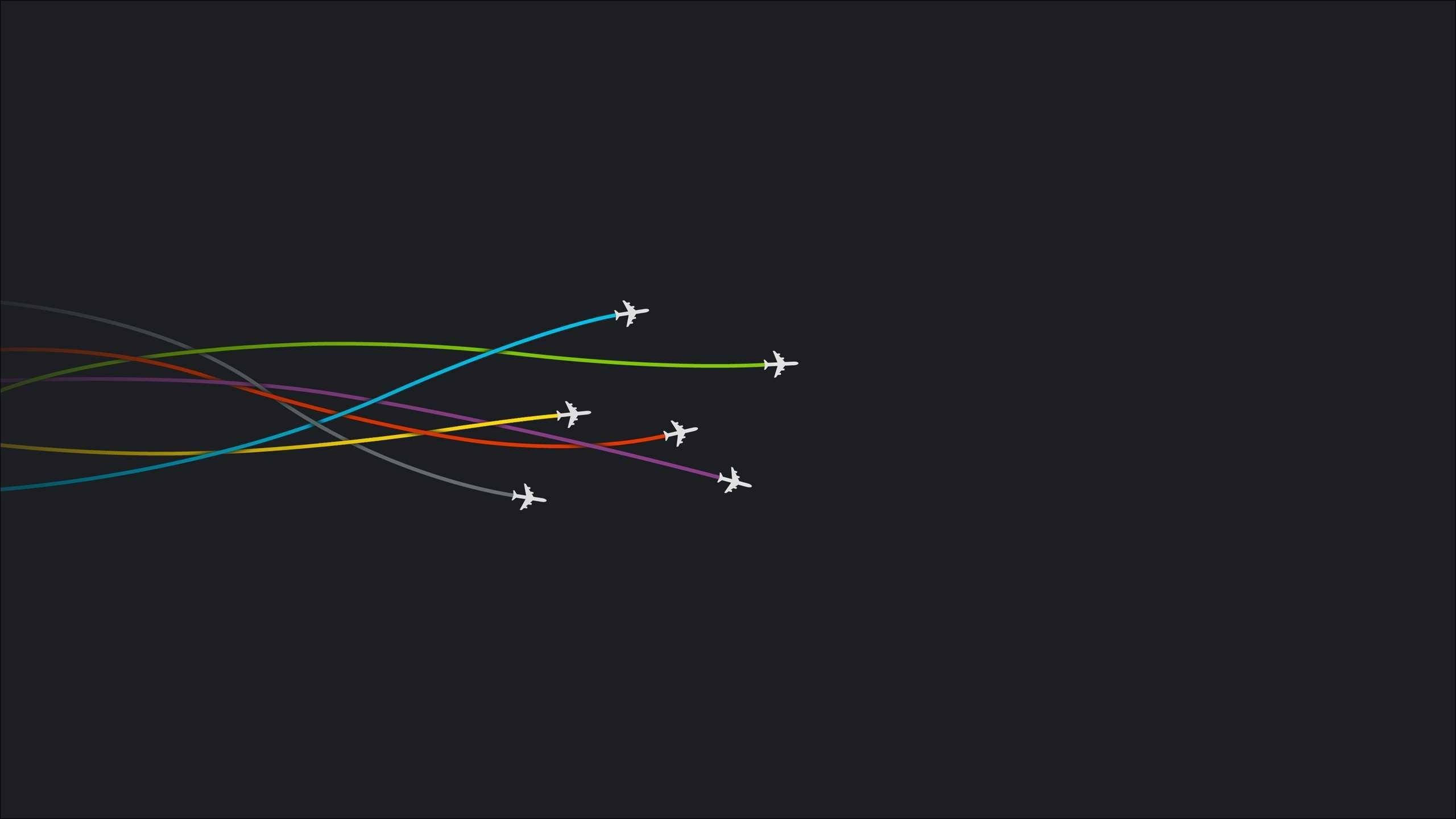 minimalist desktop, colorful airplane traces, white airplanes, 2K Desktop Wallpaper