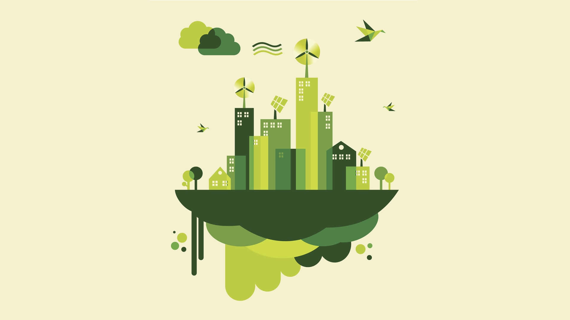 Sustainability Floating Island, floating green cityscape, wind turbines, Full HD Desktop Wallpaper