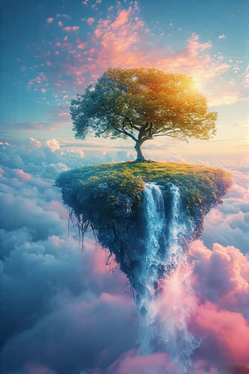 Floating Island, waterfall, tree, SD Phone Wallpaper