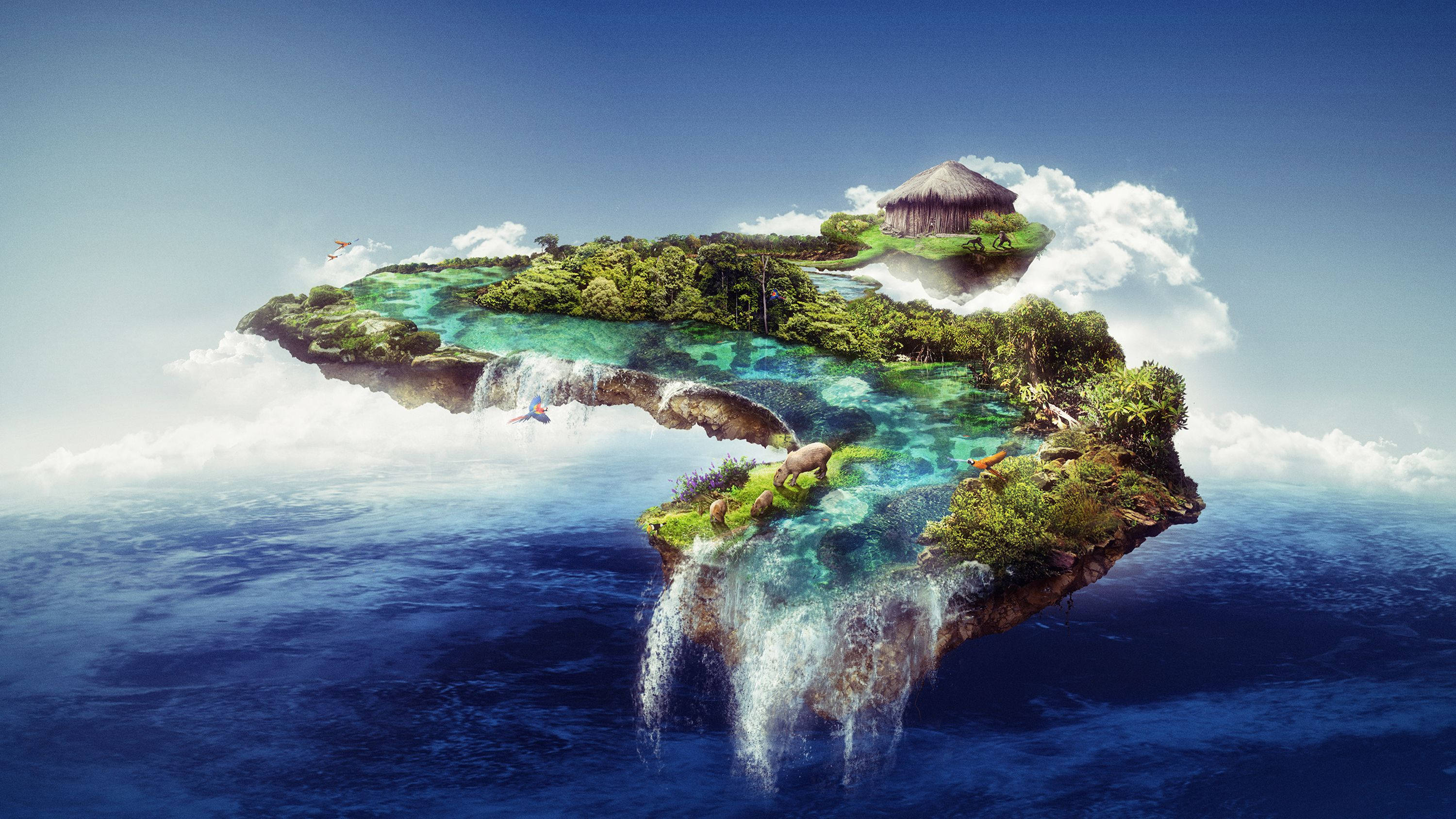 Floating Island, thatched hut, cascading waterfalls, 2K Desktop Wallpaper
