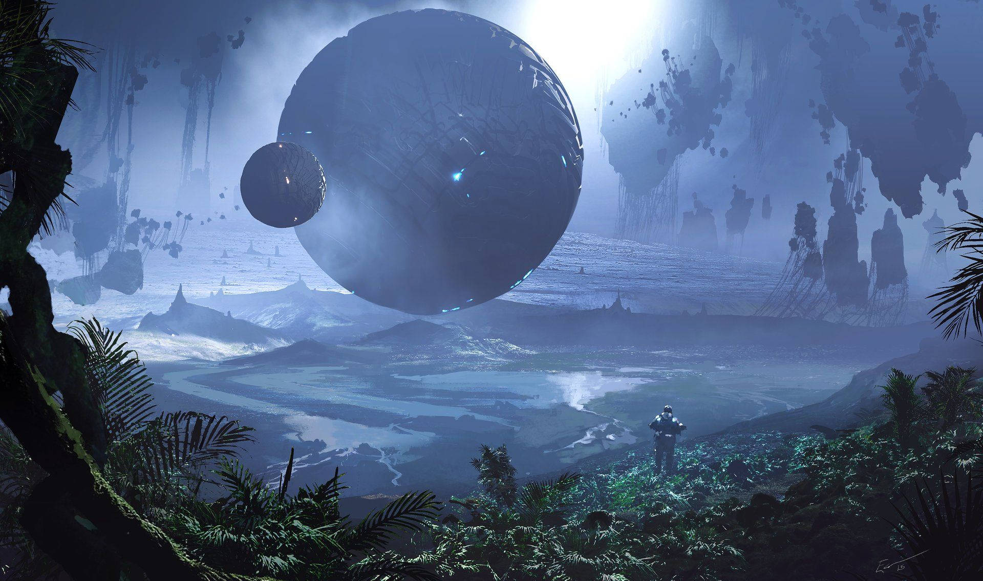 spherical globe, floating island, alien jungle, Full HD Desktop Wallpaper