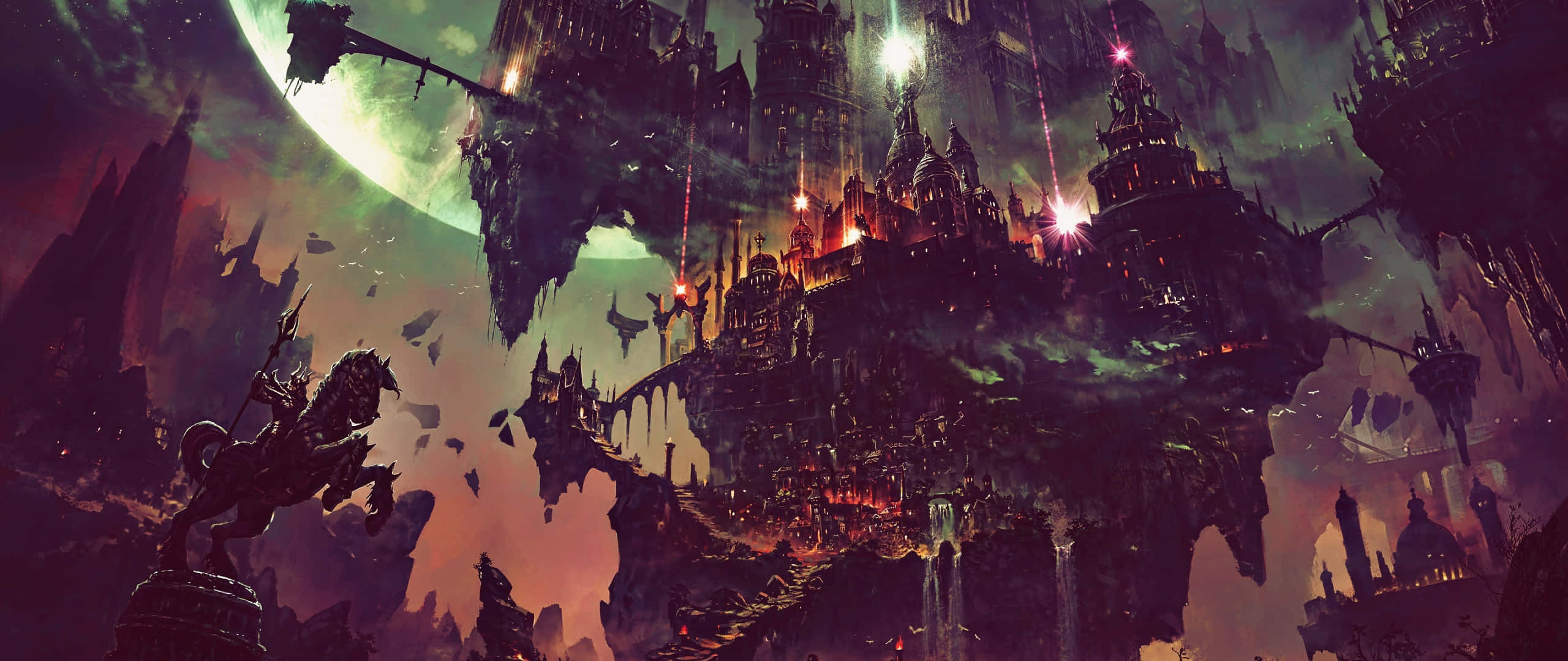 floating gothic city, glowing towers, massive green moon, 2K Desktop Wallpaper