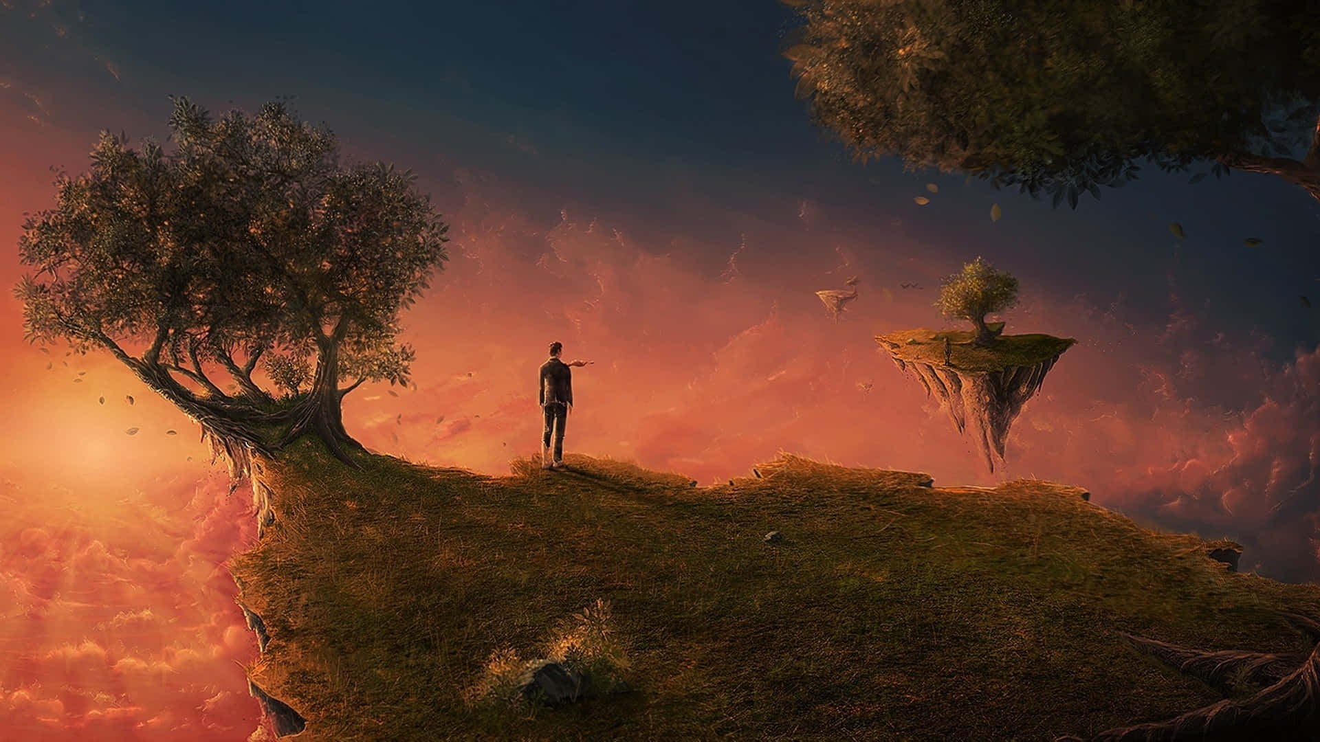 floating island, fiery sunset sky, lone figure, Full HD Desktop Wallpaper