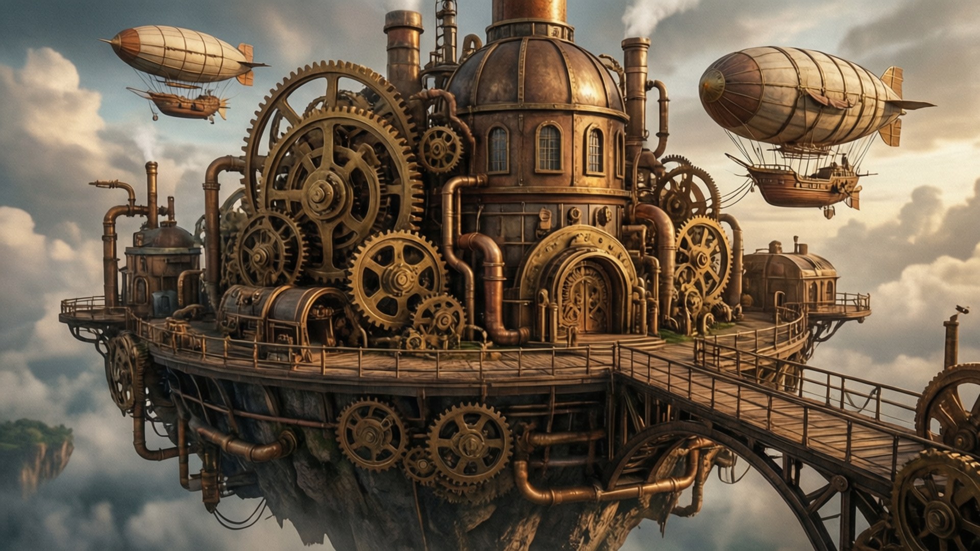steampunk sky haven, brass, copper, Full HD Desktop Wallpaper