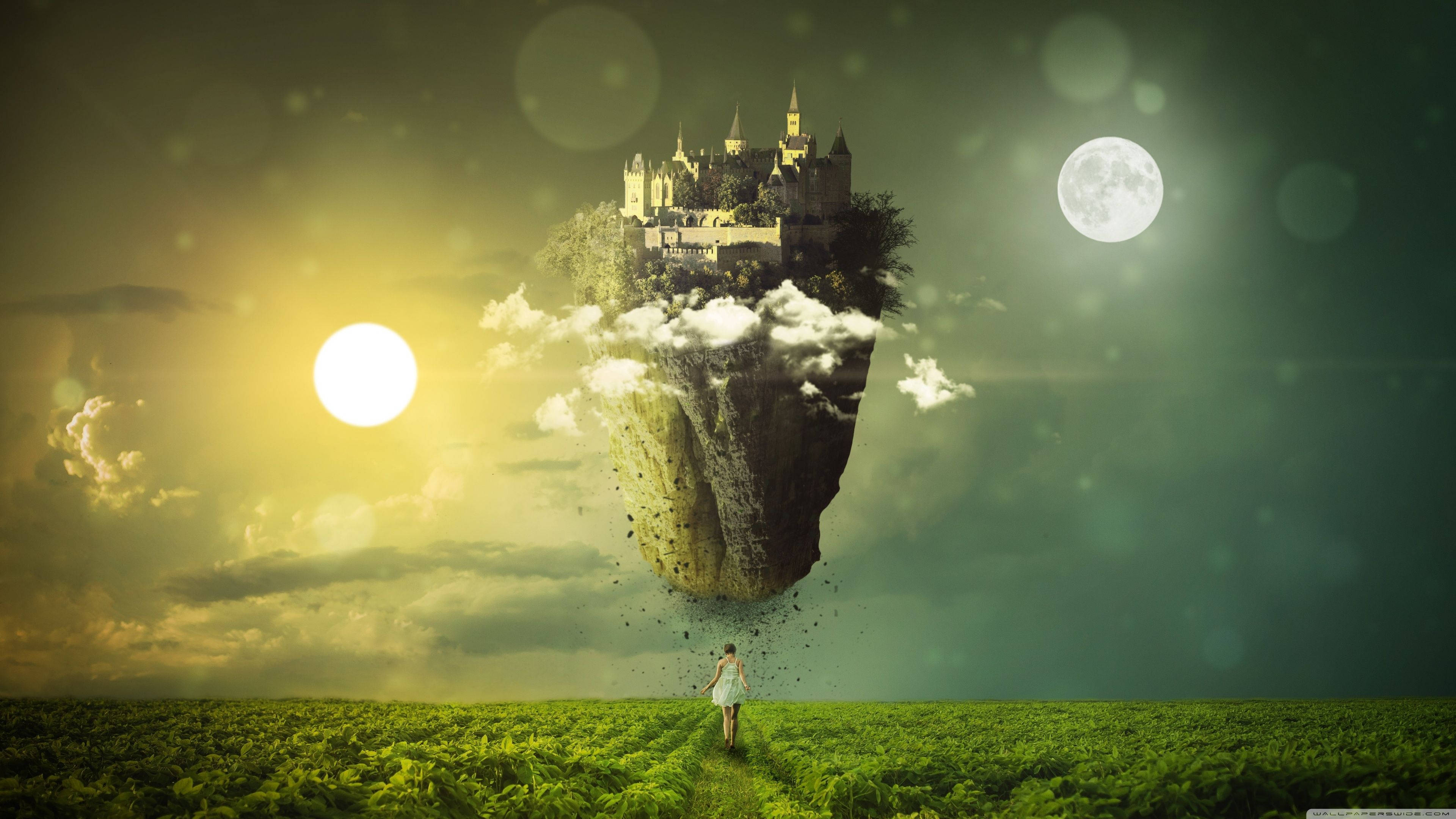 Floating Island, sun, moon, 4K Desktop Wallpaper