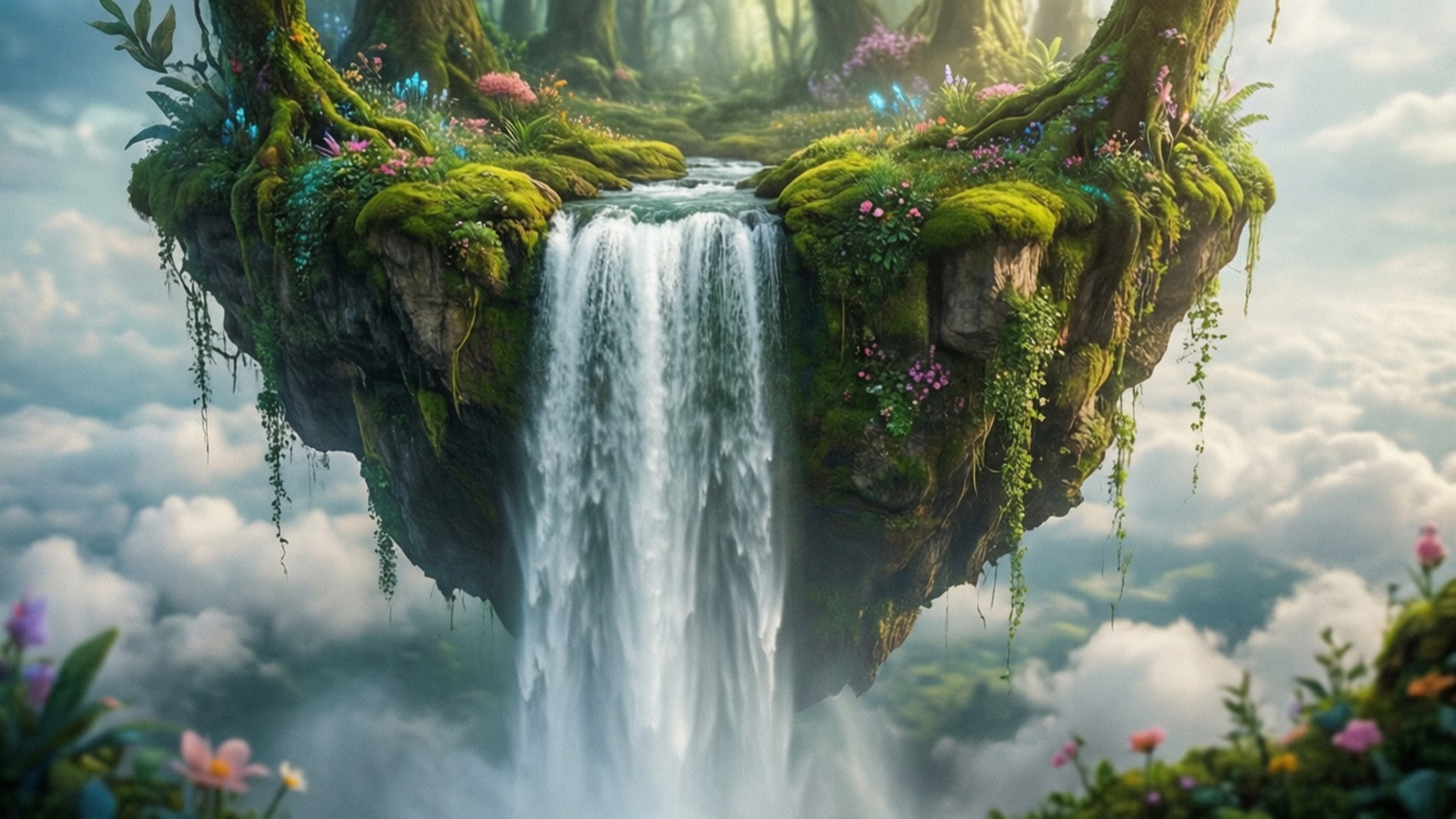 Waterfall Floating Island, lush floating island, cascading waterfall, Full HD Desktop Wallpaper