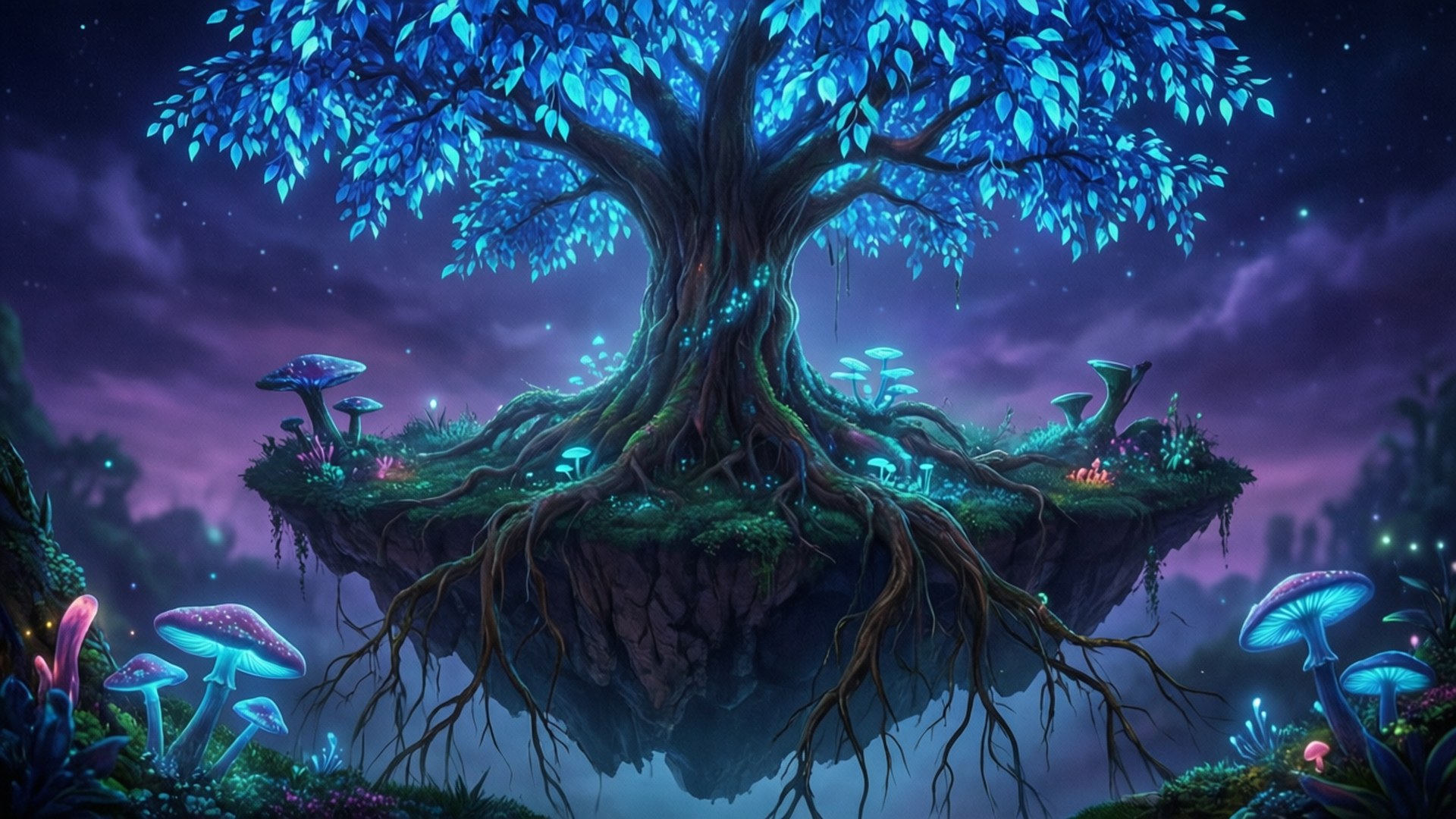 glowing blue tree, floating island, bioluminescent mushrooms, Full HD Desktop Wallpaper