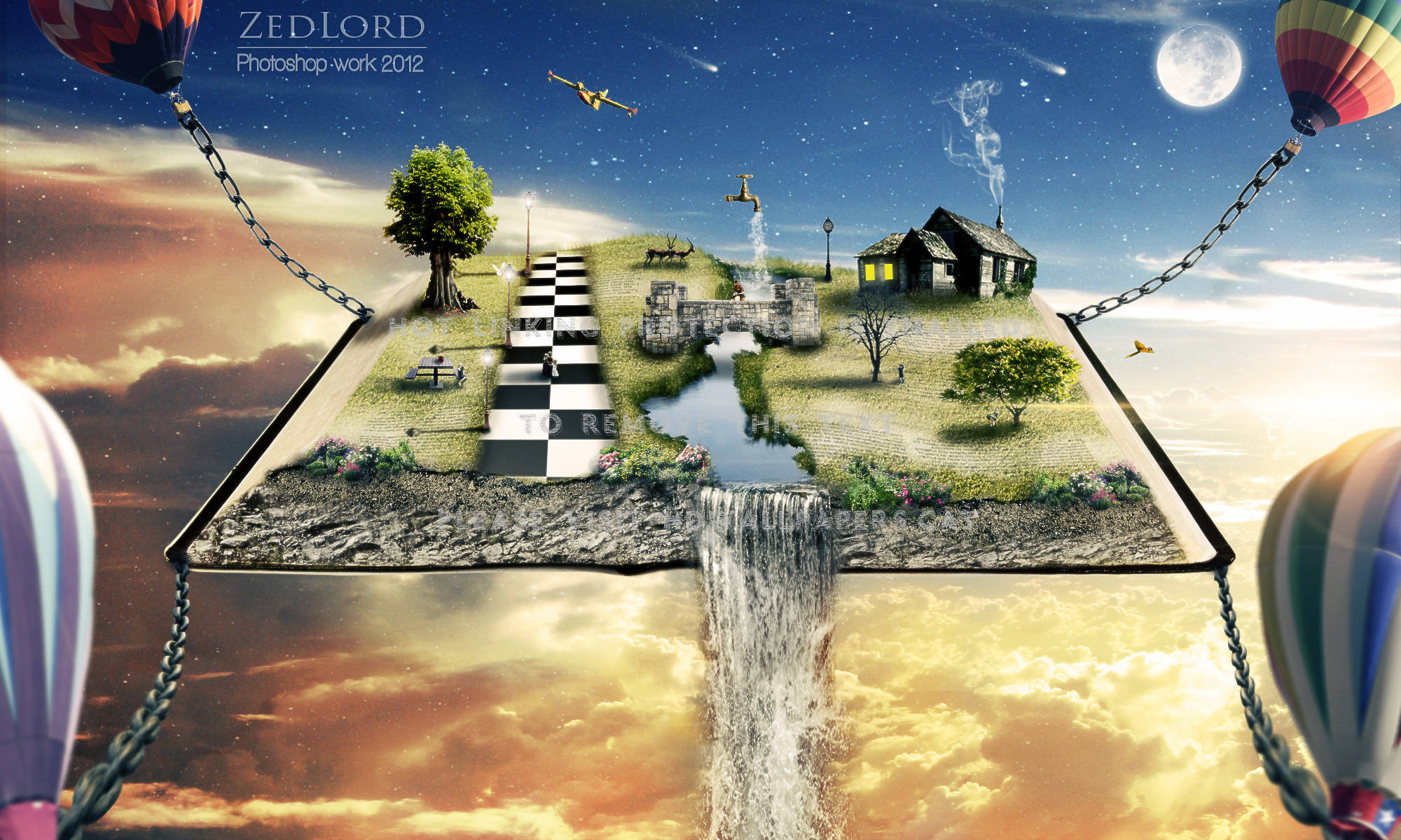 Floating Island, fantasy world, hot air balloons, Full HD Desktop Wallpaper