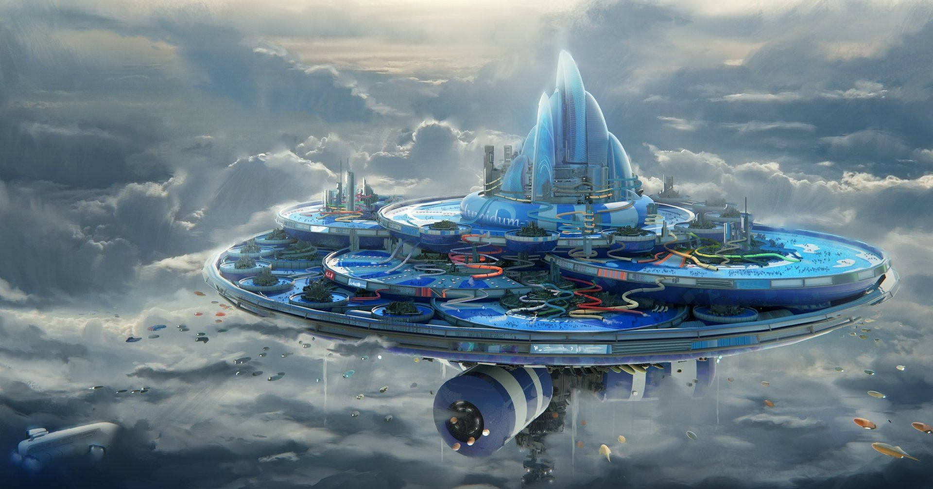 futuristic floating island, blue crystalline spires, stormy clouds, Full HD Desktop Wallpaper