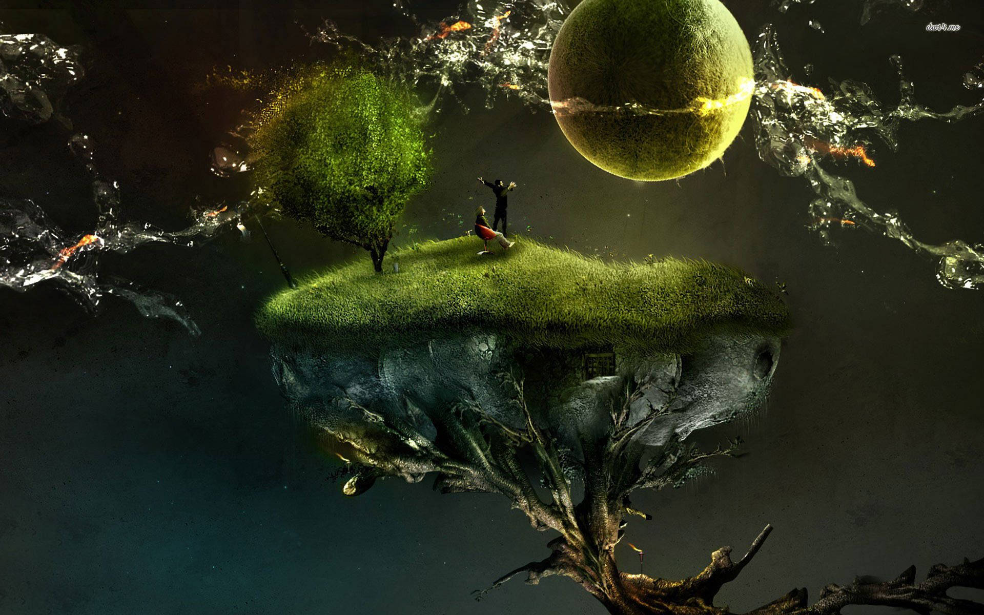 grassy floating island, tree, giant glowing orb, Full HD Desktop Wallpaper