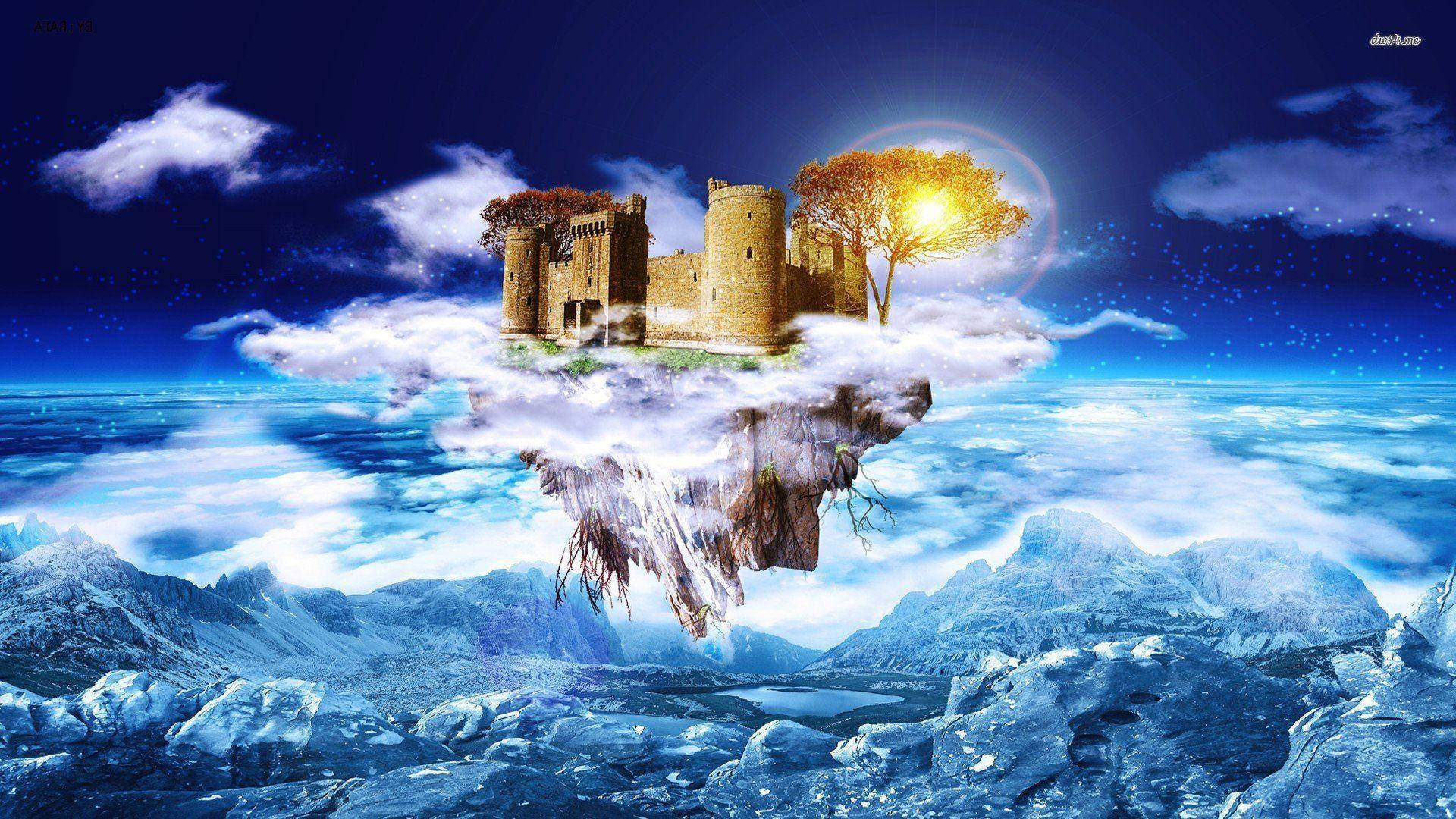 rustic castle, floating island, cloud, Full HD Desktop Wallpaper