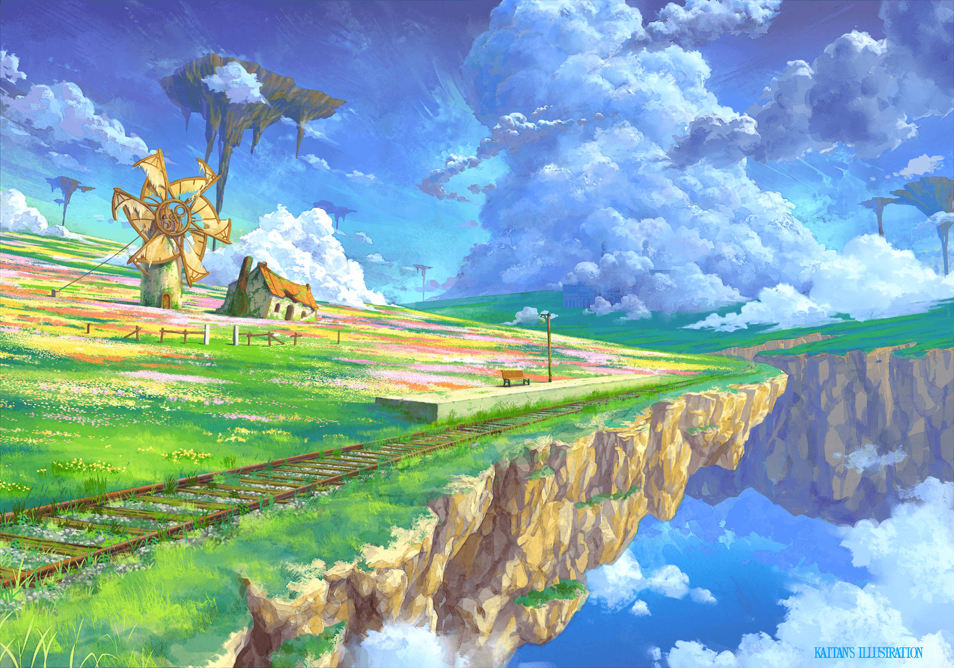 vibrant watercolour, floating island, anime-style, Full HD Desktop Wallpaper