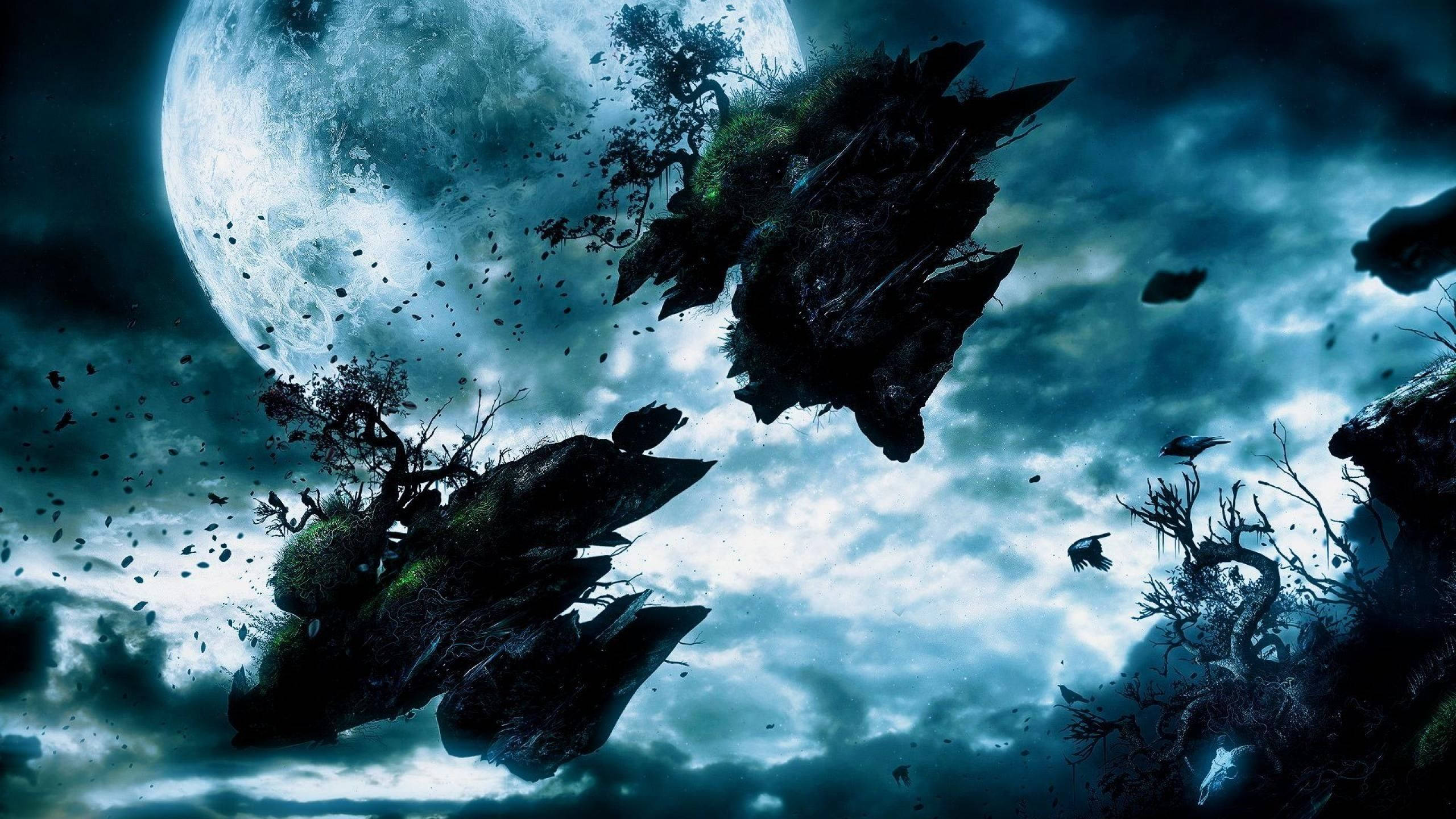 Floating Island, twisted trees, massive glowing moon, 2K Desktop Wallpaper