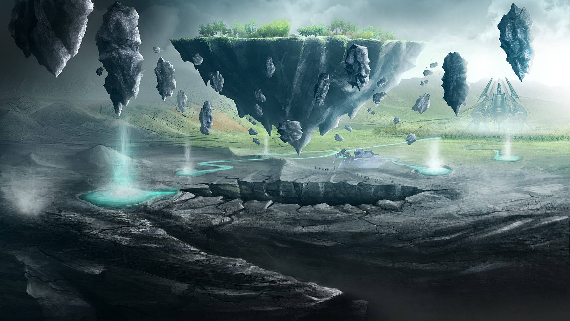 Floating Island, white bellowing steam, greenery, Full HD Desktop Wallpaper