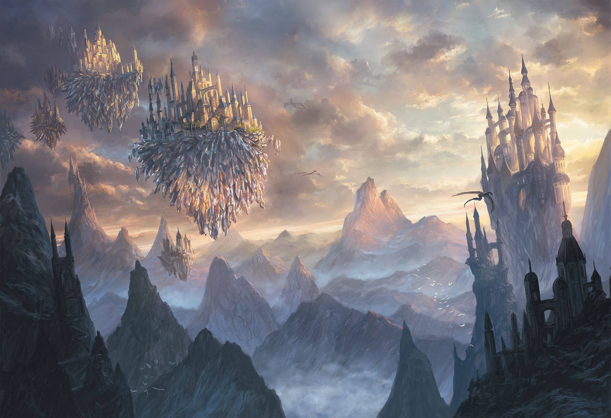 Floating Island, jagged mountains, crystalline castles, Full HD Desktop Wallpaper