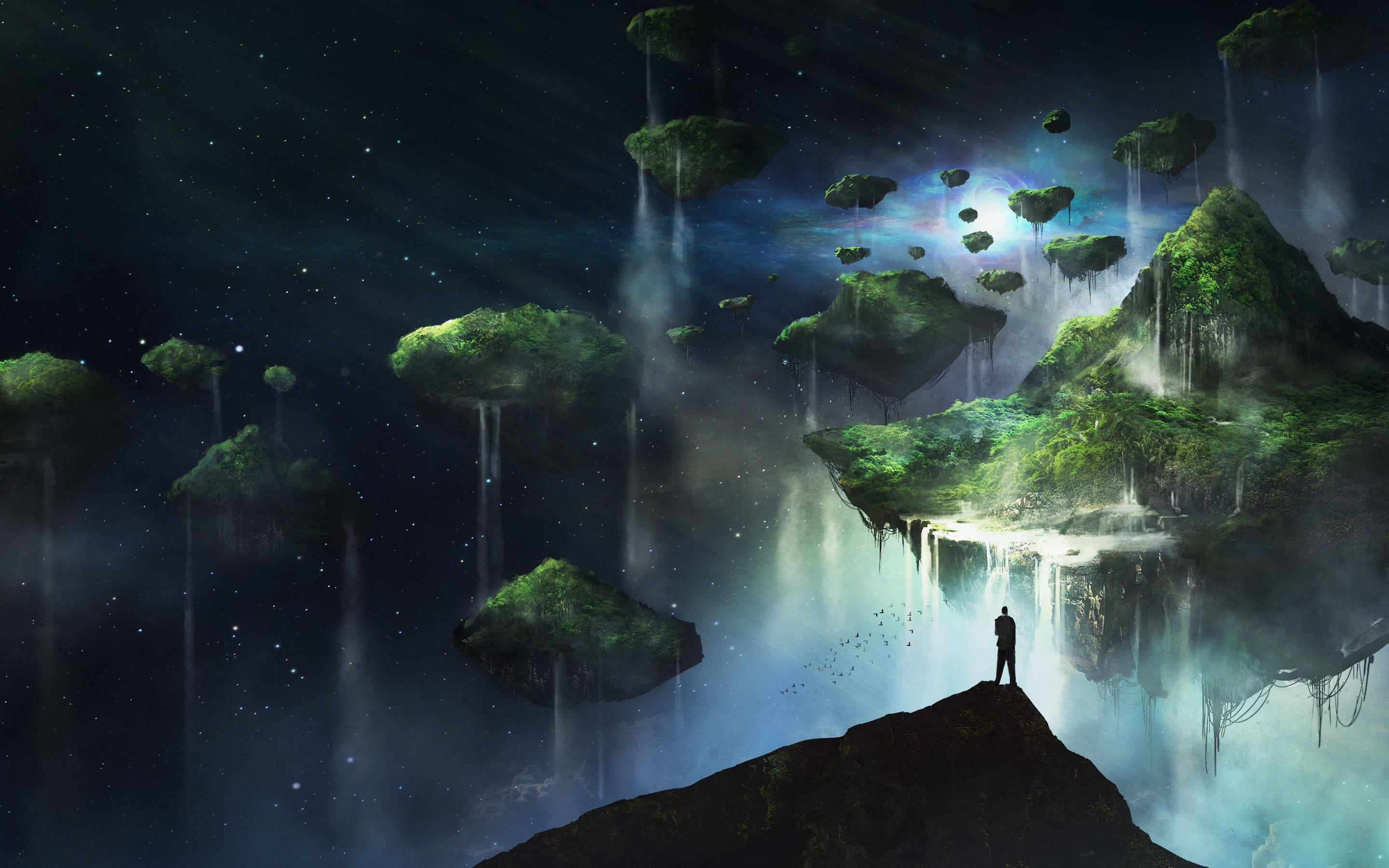 floating island, lone figure, starry night sky, 2K Desktop Wallpaper