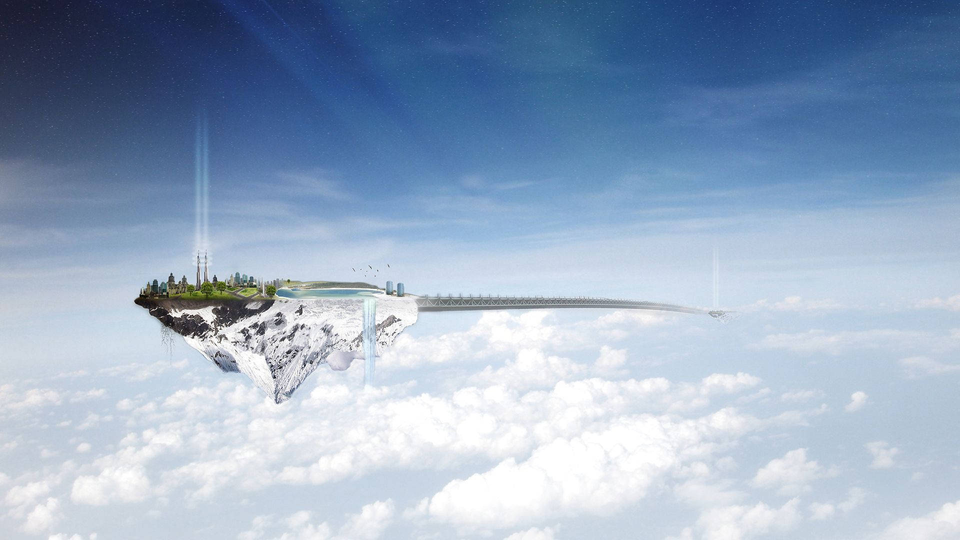 Floating Island, connecting white bridge, futuristic city, Full HD Desktop Wallpaper