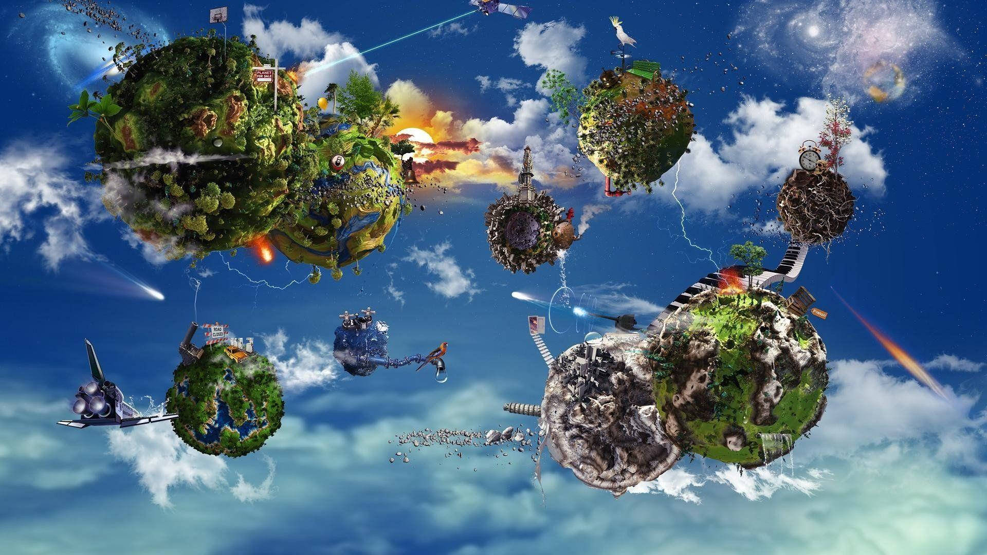 Floating Island, lush greenery, futuristic structures, Full HD Desktop Wallpaper