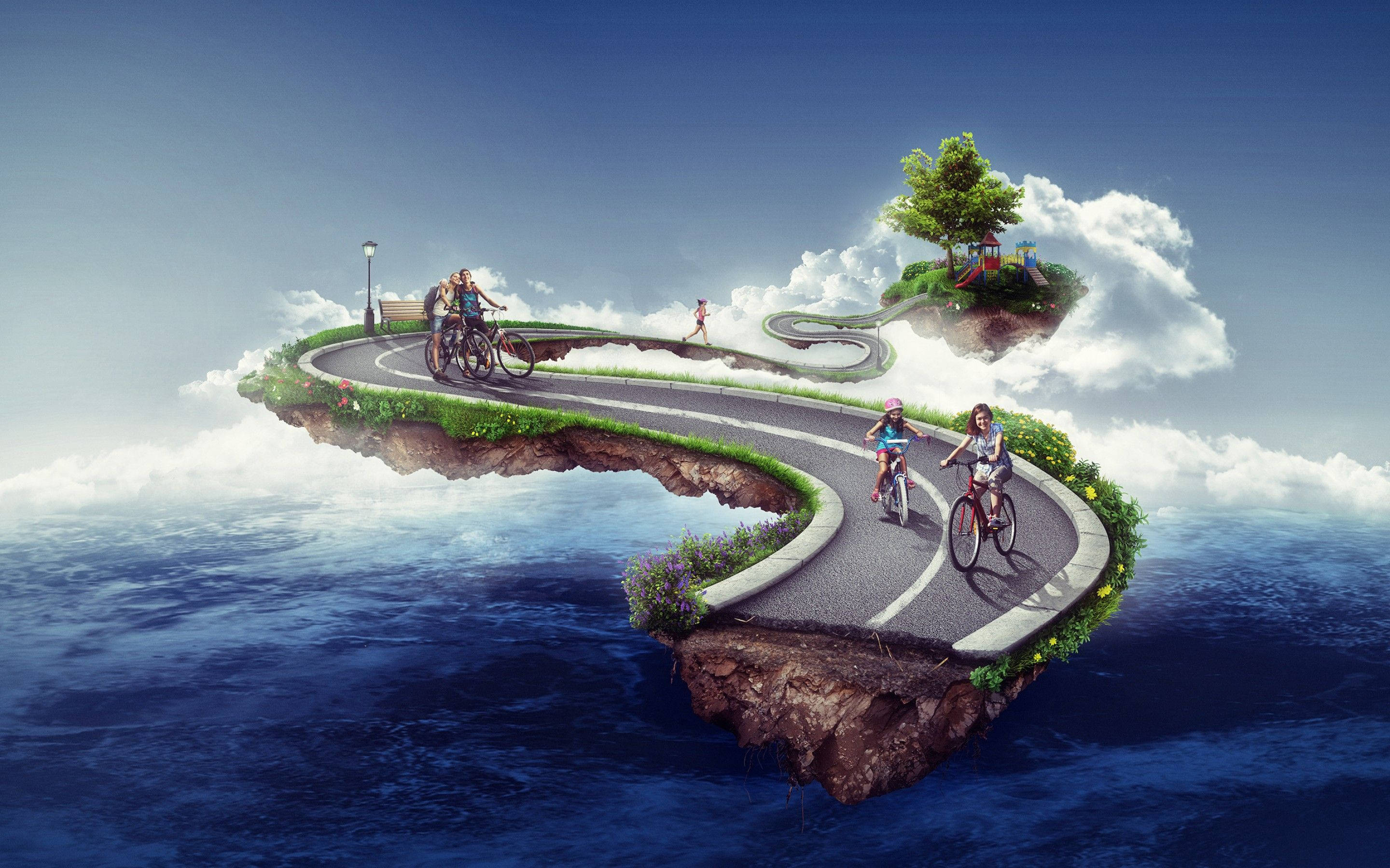 Floating Island, winding road, ocean clouds, 2K Desktop Wallpaper