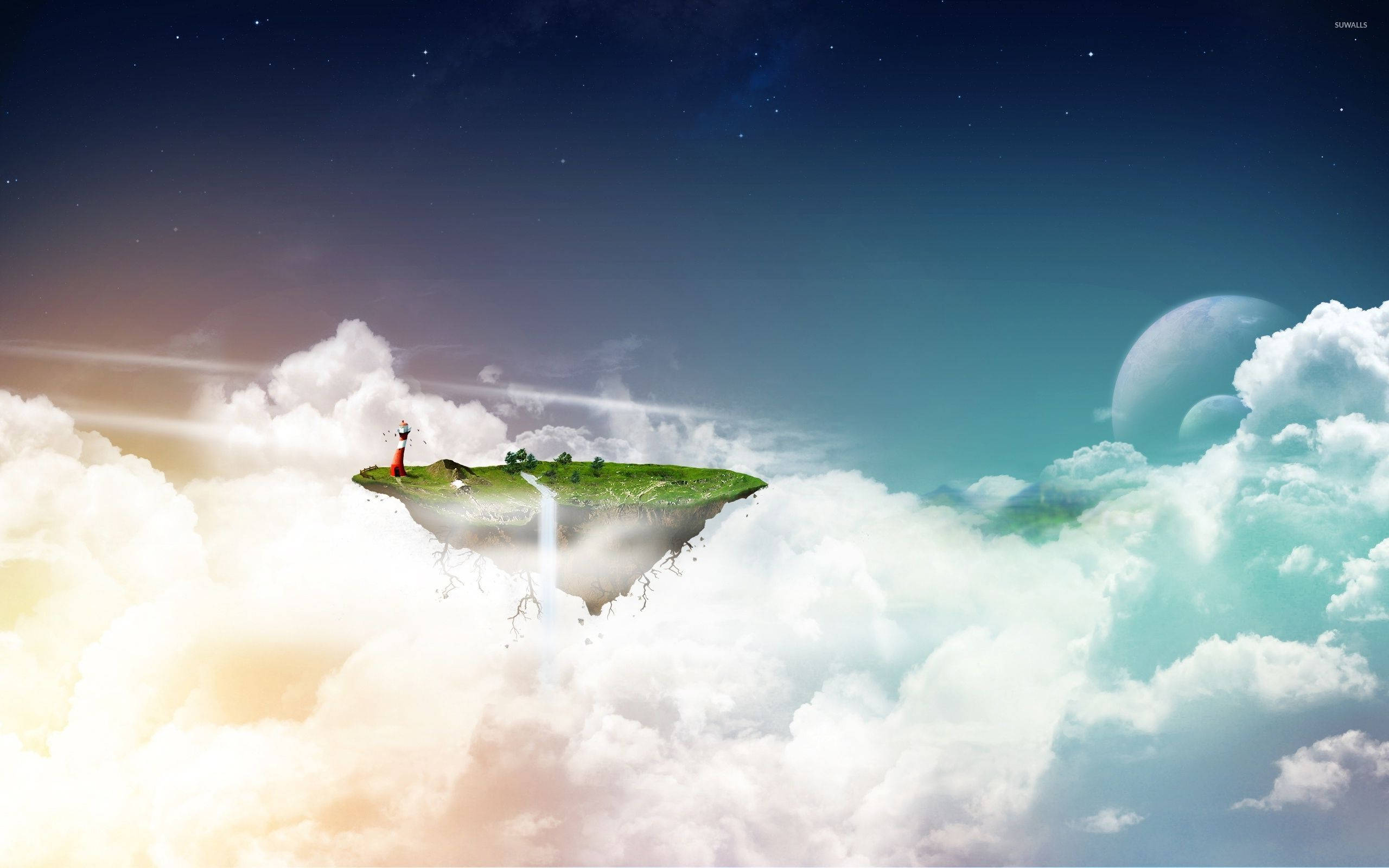 Floating Island, lighthouse, fluffy clouds, 2K Desktop Wallpaper
