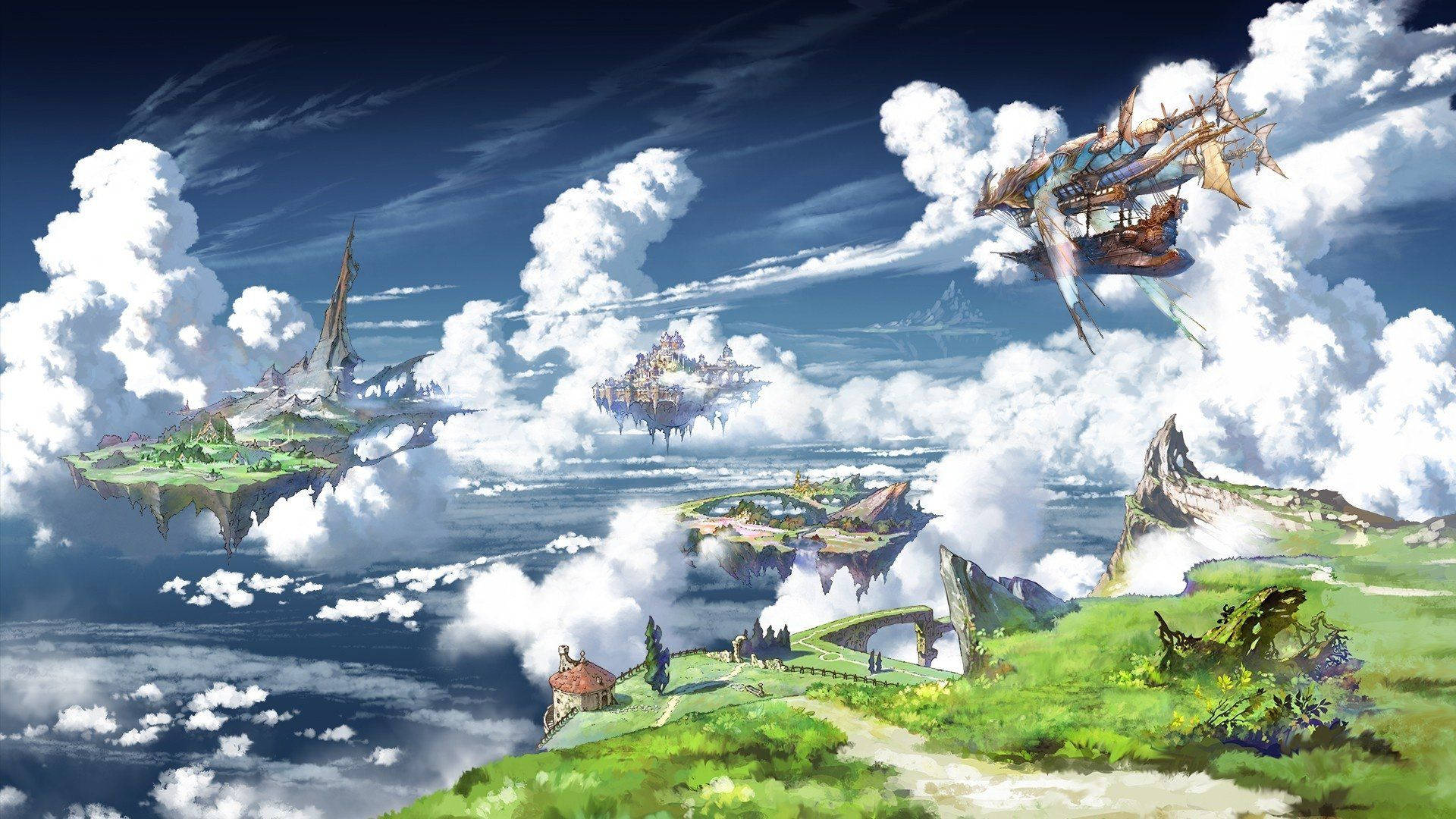 Floating Island, castles, flying ship, Full HD Desktop Wallpaper